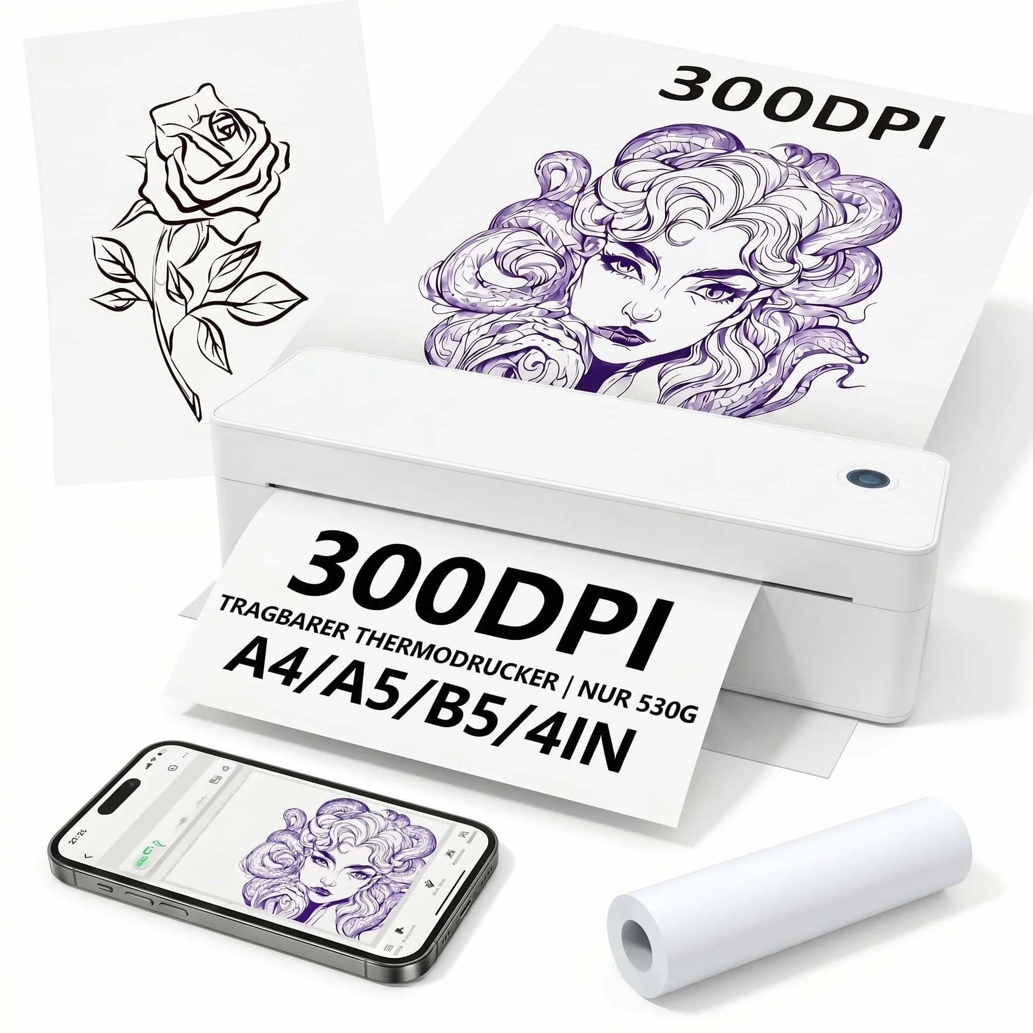 Imprimante de Transfert pour Tatouage A4, Machine Thermique avec 10 Feuilles et 1 Rouleau Papier Blanc