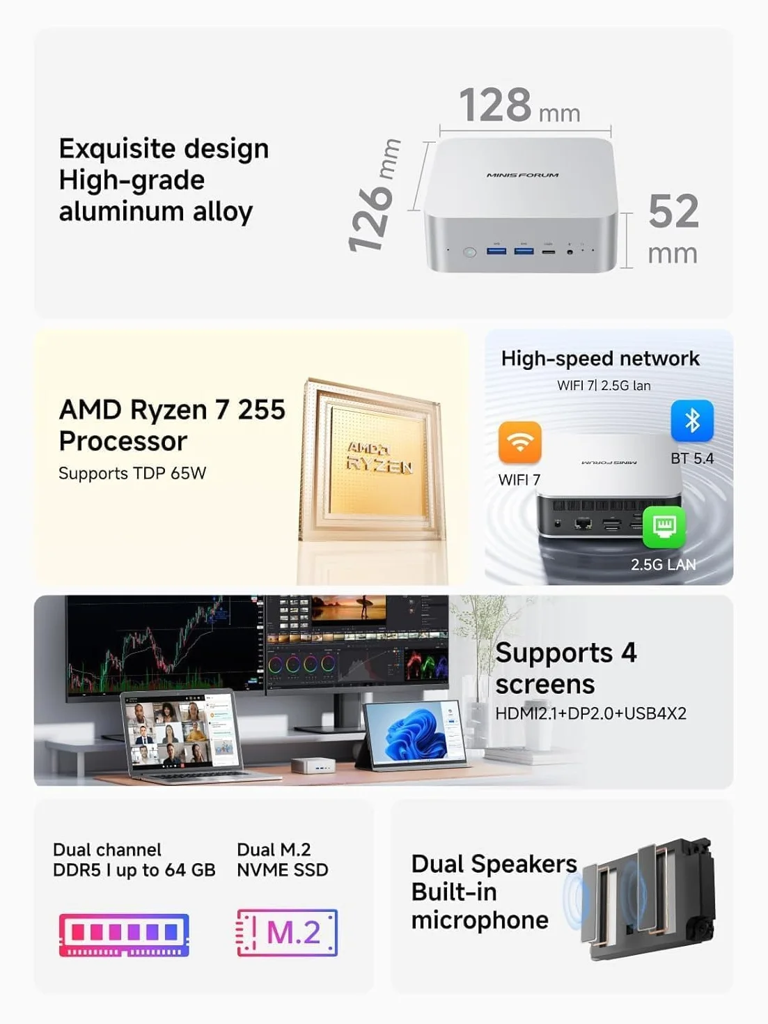 MINIS FORUM AI X1-255 Mini PC, Ryzen 7 255, 16 Go DDR5, SSD 512 Go, USB4, HDMI/DP 4K, LAN 2,5G, Wi-Fi 7, Bluetooth 5.4, OCuLink