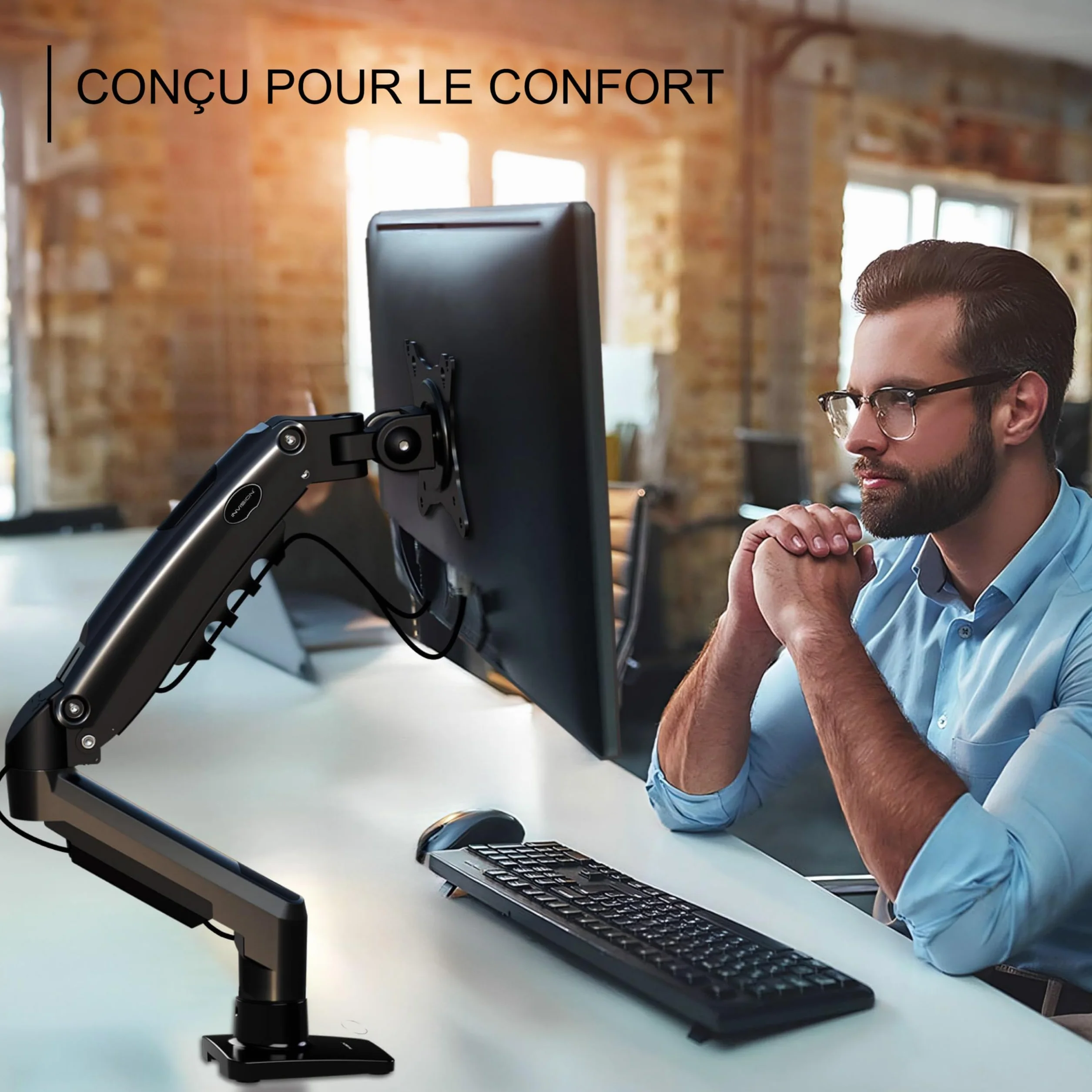 Invision Support Écran PC 19-32 Pouces Bras VESA 75/100mm Réglage Hauteur Incline Pivote Tourne Pince Bureau 2-9kg MX200