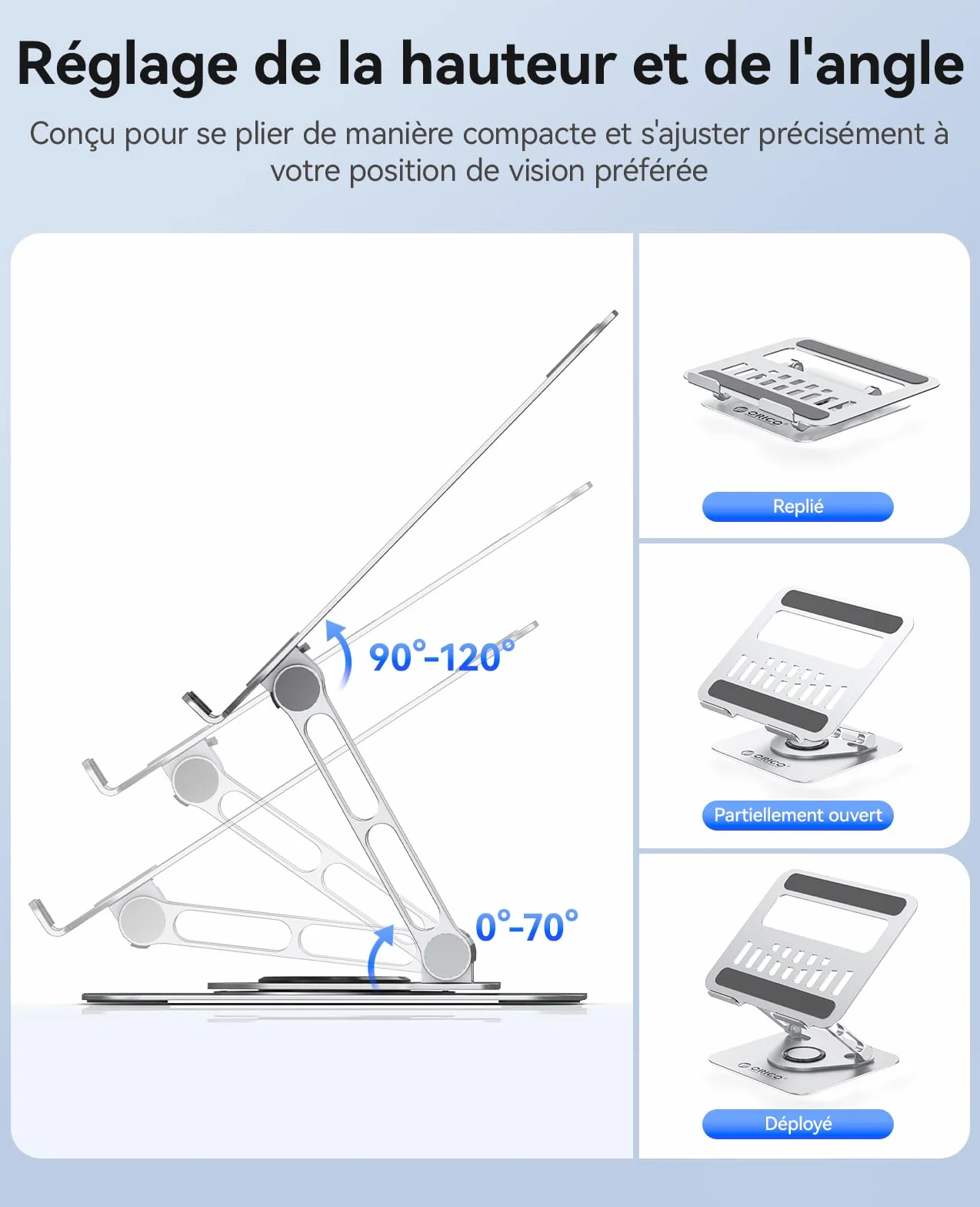 ORICO Support PC Portable Ergonomique Rotatif 360 Réglable Pliable Ventilé pour MacBook Air/Pro Dell XPS HP 10-17,3 Pouces ST12 Argent