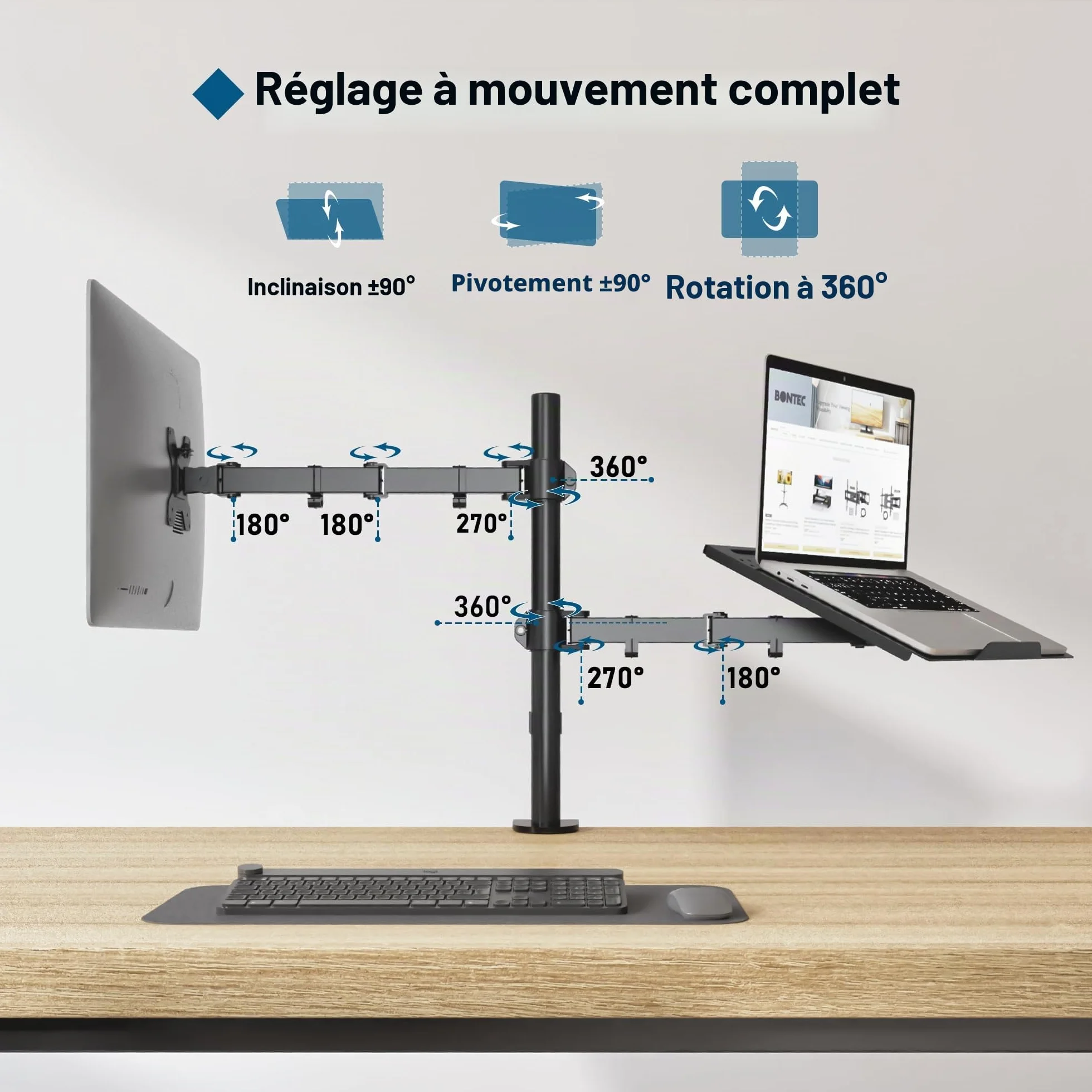 BONTEC Support Ecran PC Moniteur avec Plateau pour Ecran LCD 13-27 Pouces et Ordinateur Portable 17", Ergonomique Pivotant Rotation