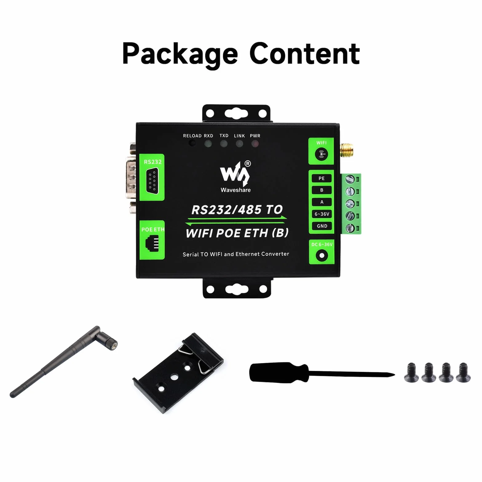 Waveshare Industrial Serial Server RS232/485 to WiFi Ethernet Modbus MQTT Gateway Metal Case PoE