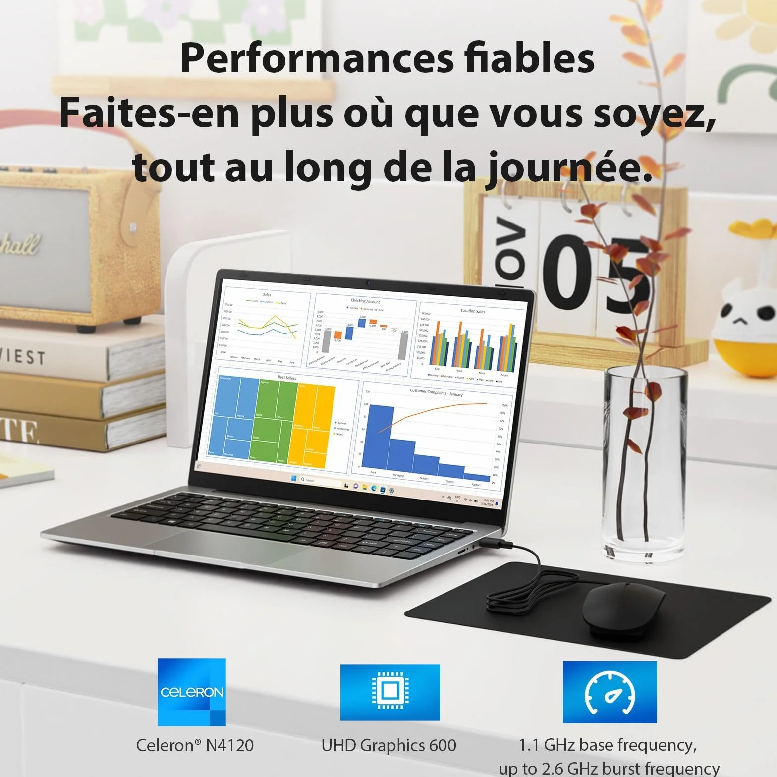Ordinateur Portable 14 pouces 16Go RAM 256Go SSD Win11 Celeron N4120 FHD IPS