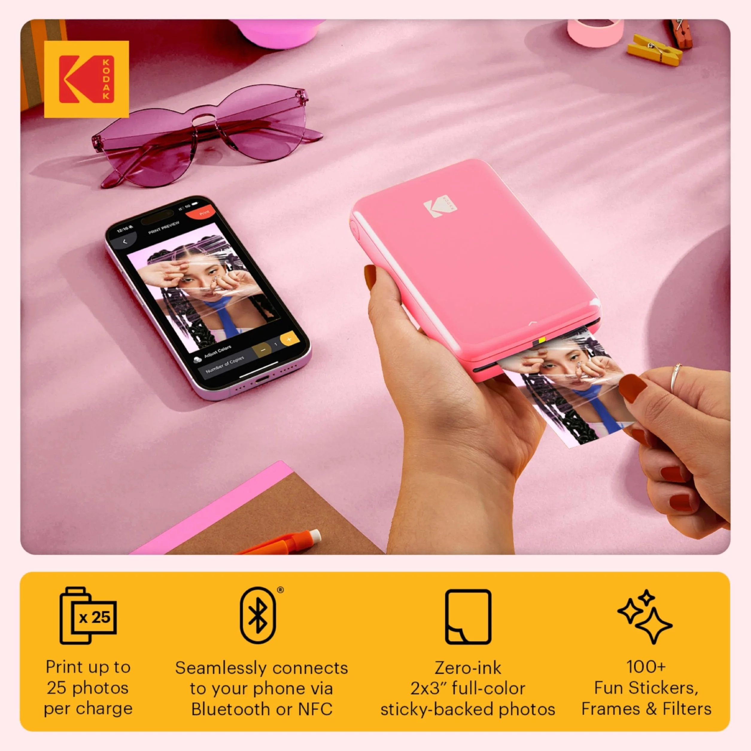 KODAK Step Imprimante photo mobile sans fil Zinc Rose Kit de voyage
