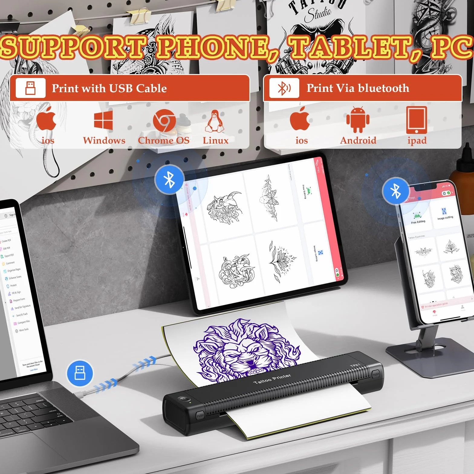 TP81 Imprimante Tatouage Thermocopieur avec 10 Feuilles A4 Papier Transfert, Compatible iPad & Phone & PC