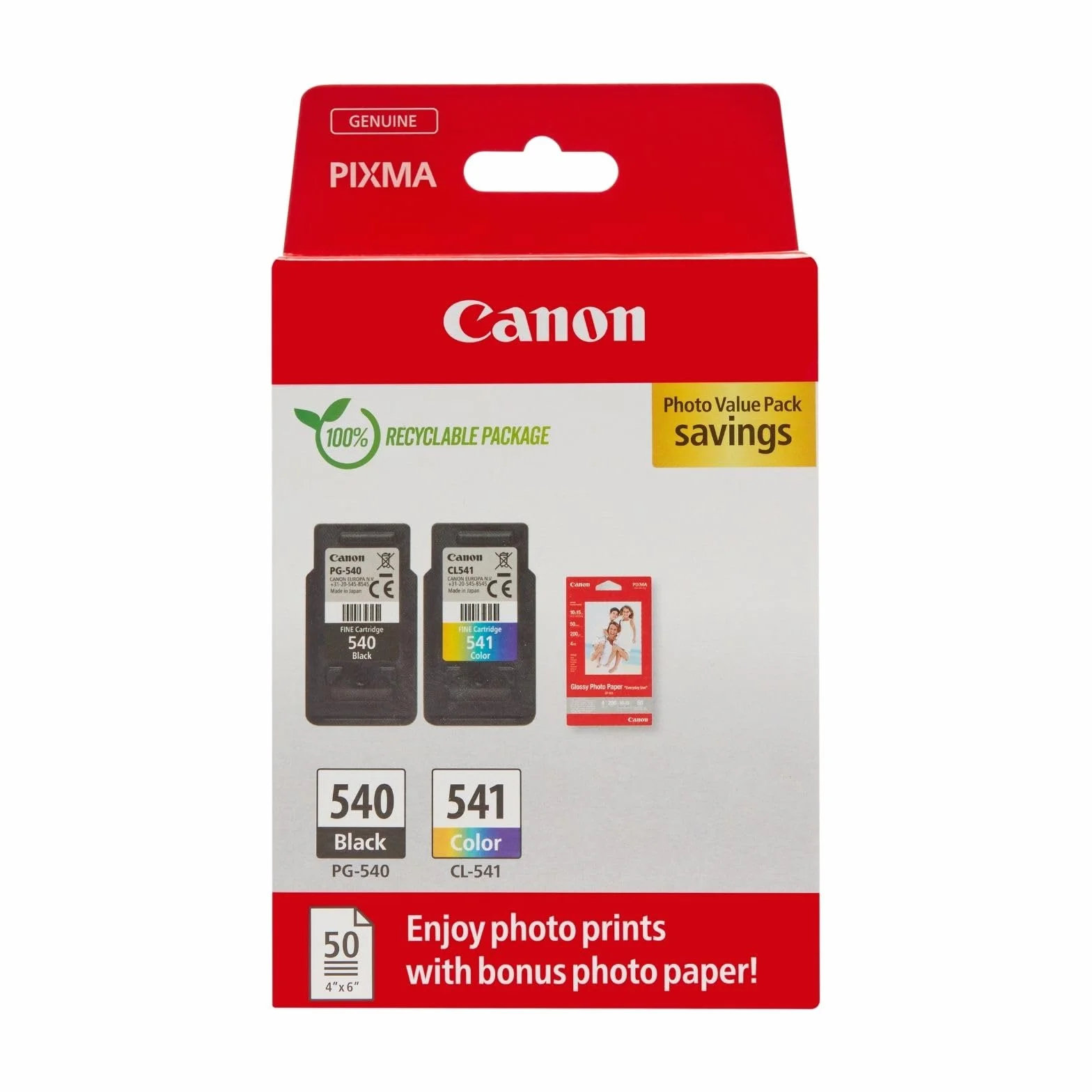 Canon Cartouches d'encre PG-540/CL-541 Authentiques pour imprimante - 2 Packs & Papier Photo 4x6 (50 Feuilles)