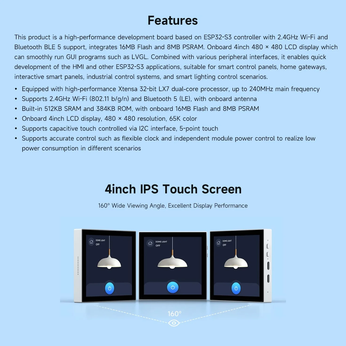 Waveshare ESP32-S3 Smart 86 Box Development Board 4inch 480x480 Touch Display 2.4GHz Wi-Fi BT BLE 5 RGB Interface