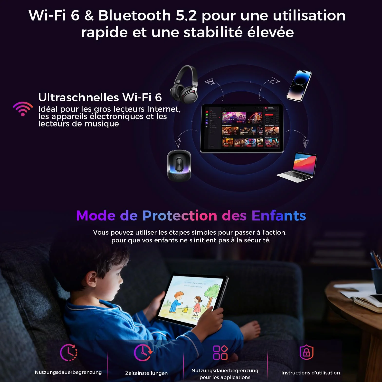 Tablette 10 Pouces Android 16 Gemini AI 16Go RAM 64Go ROM 1To TF Widevine L1 WiFi 6 BT 5.2 5000mAh Identification Faciale