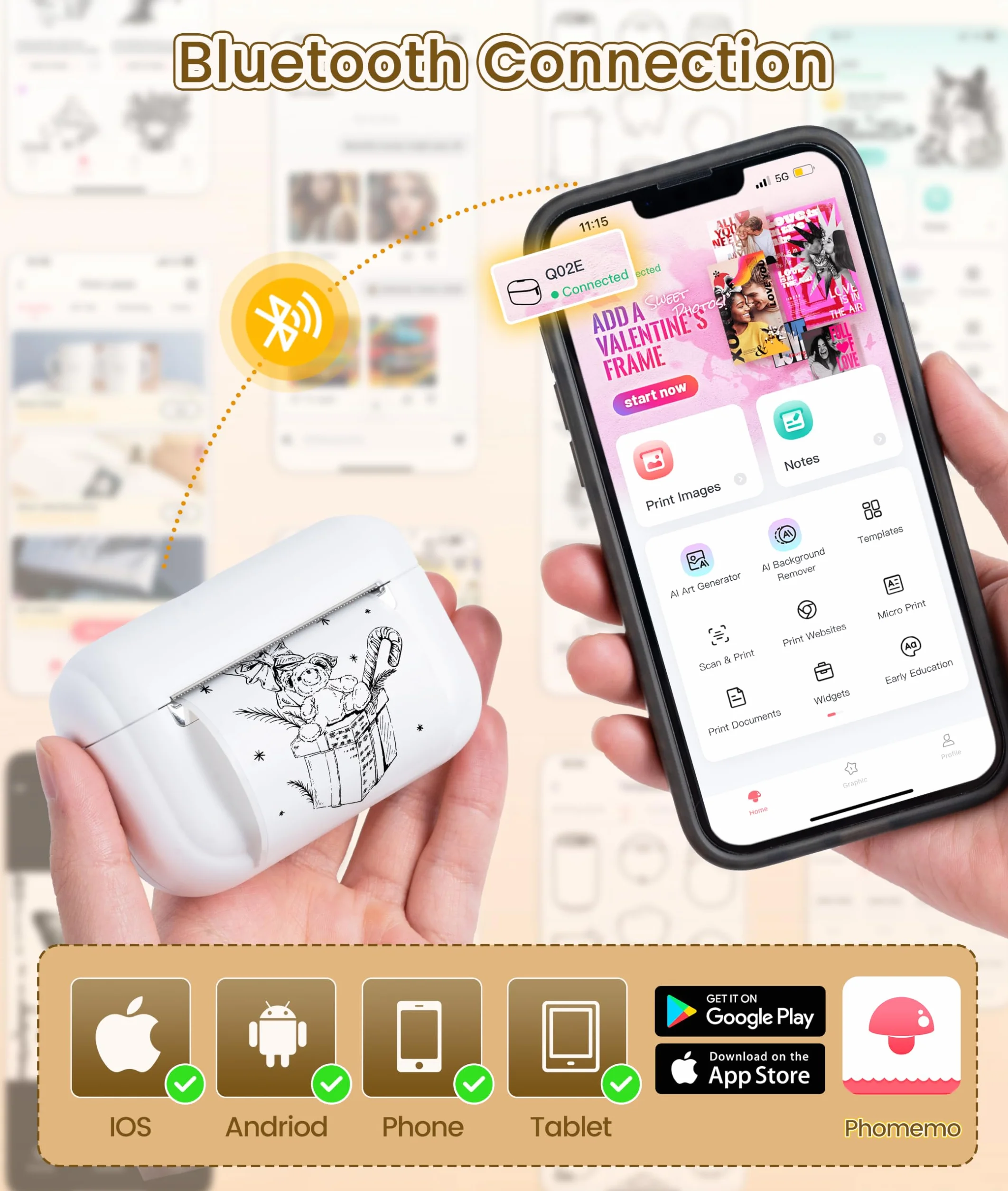 Mini Imprimante Photo Portable Q02E Sans Encre Thermique Bluetooth Compatible iPhone Pad Blanc