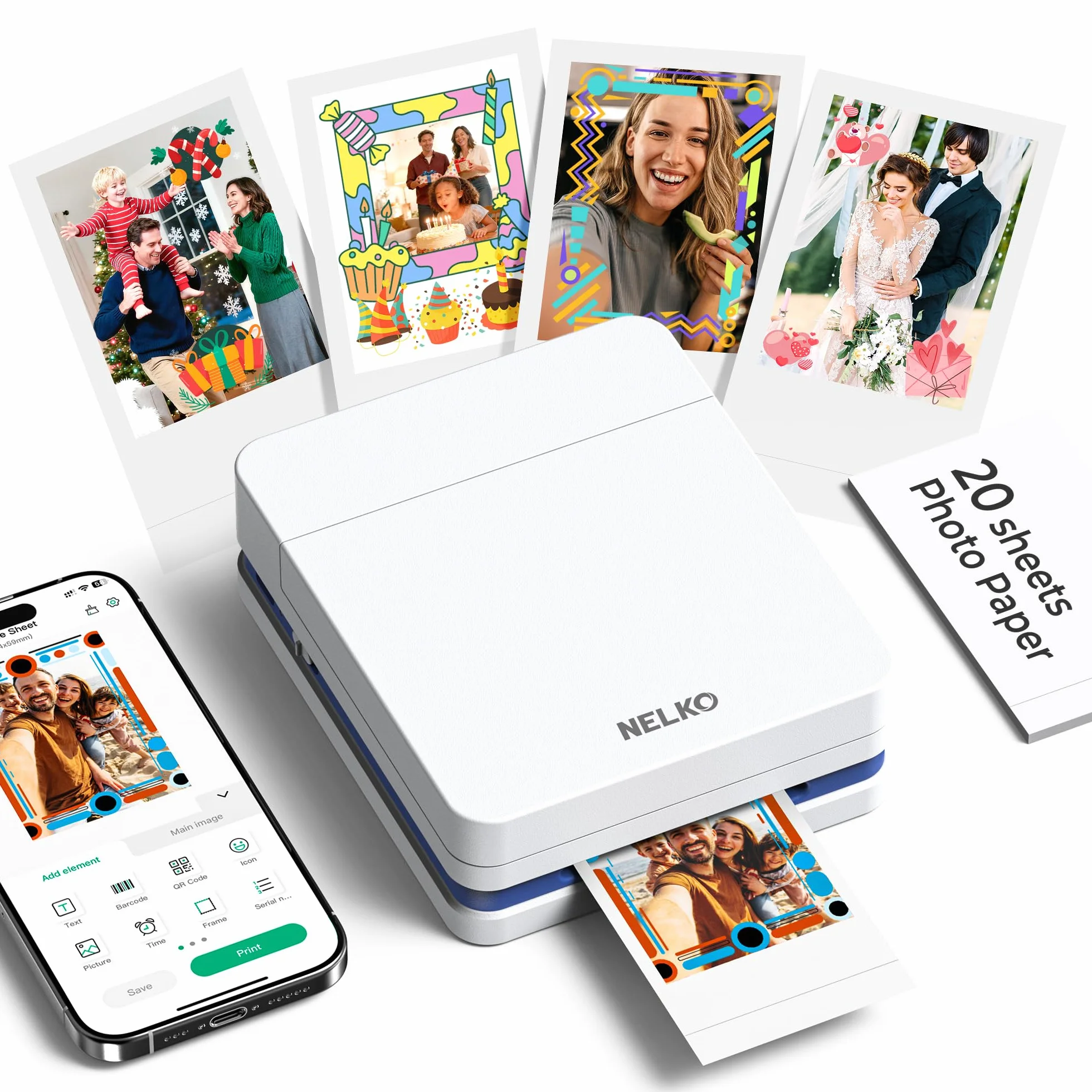 Nelko PP01 Imprimante Photo Mini Jet d'Encre Autocollante Bluetooth 20 Feuilles Papier Photo Blanc