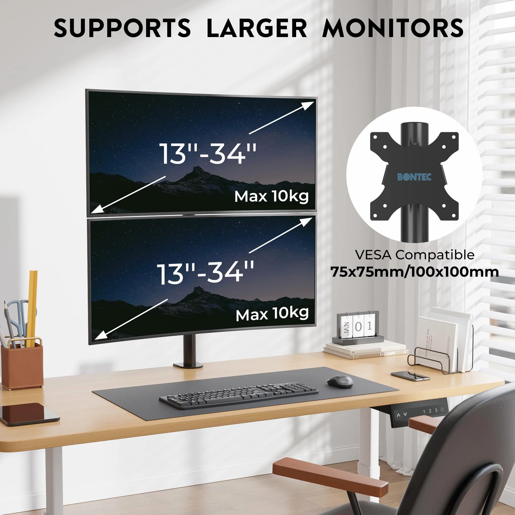 BONTEC Support Ecran PC Double Vertical pour 2 Moniteurs 13-34 Pouces, Bras Articule VESA 75x75/100x100mm, 10kg, Rotation 360, Inclinaison ±15°, Pince en C