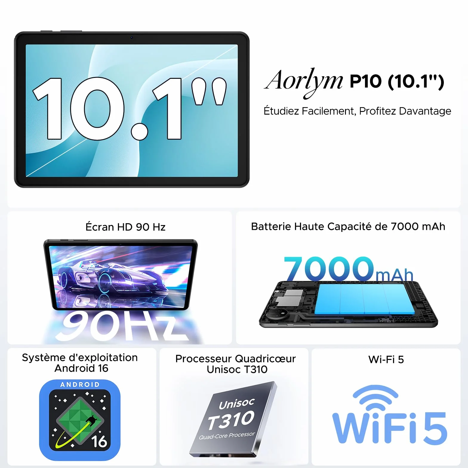 Tablette Android 16 10 Pouces 48Go RAM 128Go ROM 2To TF Gemini AI 90Hz 7000mAh WiFi 5 Face ID OTG Widevine L1 Jack 3,5mm Clavier Stylet
