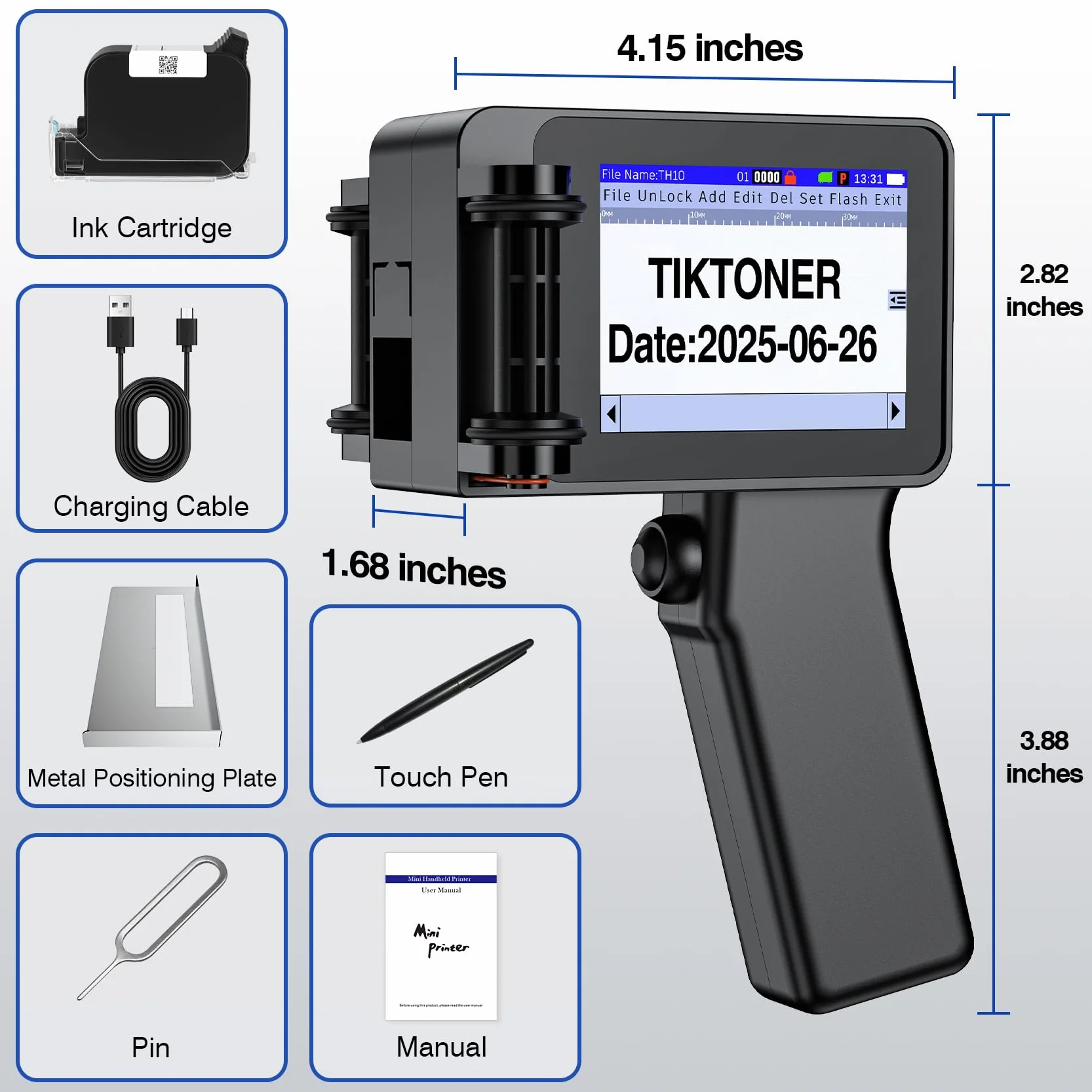 Imprimante à Jet d'encre Portable TH10 Mini 42ml Hauteur d'impression 2-12,7mm Codage Date Texte QR Code