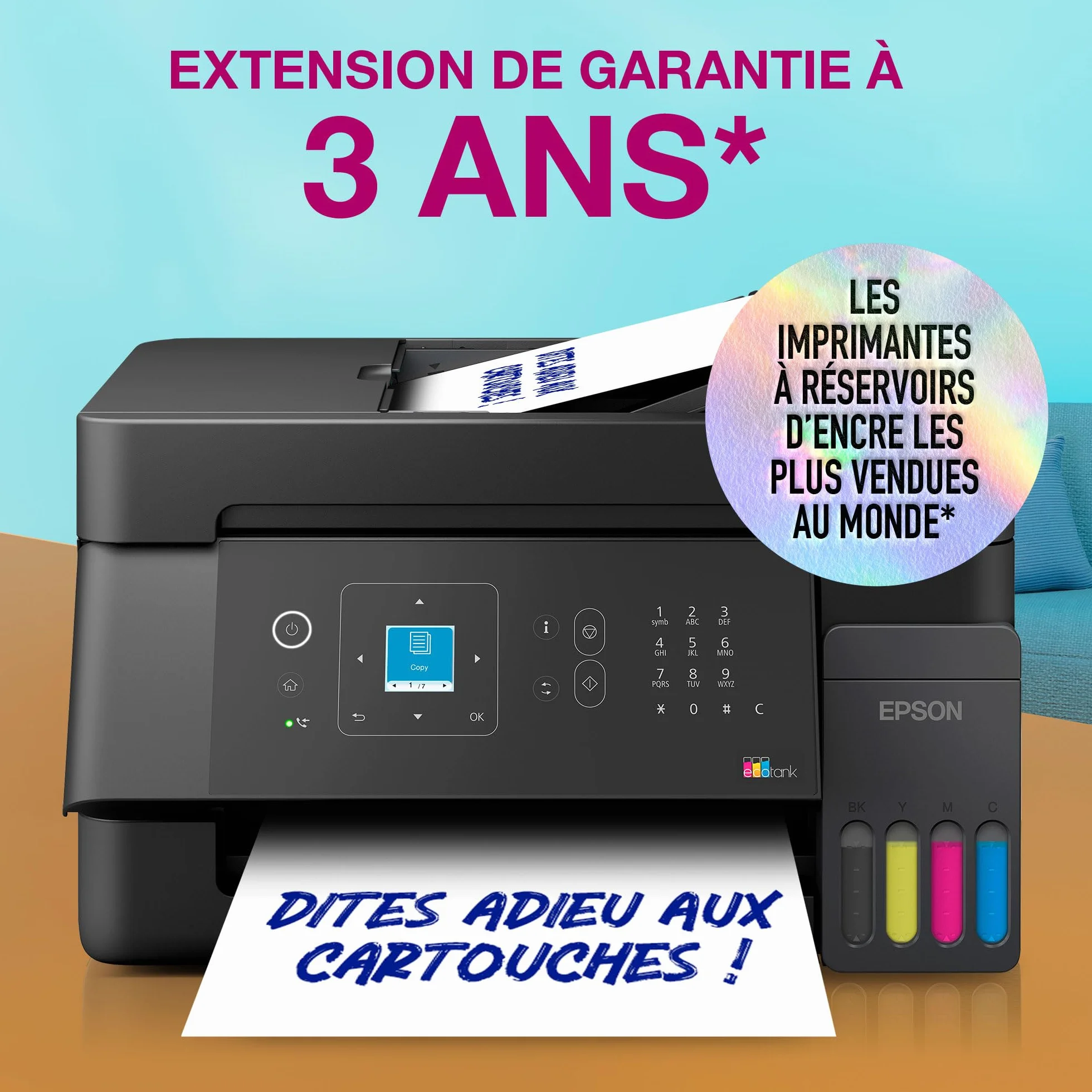 Epson EcoTank ET-4900 Imprimante A4 Wi-Fi Ethernet Copie Numérisation Fax Écran LCD Chargeur Automatique 30 Pages