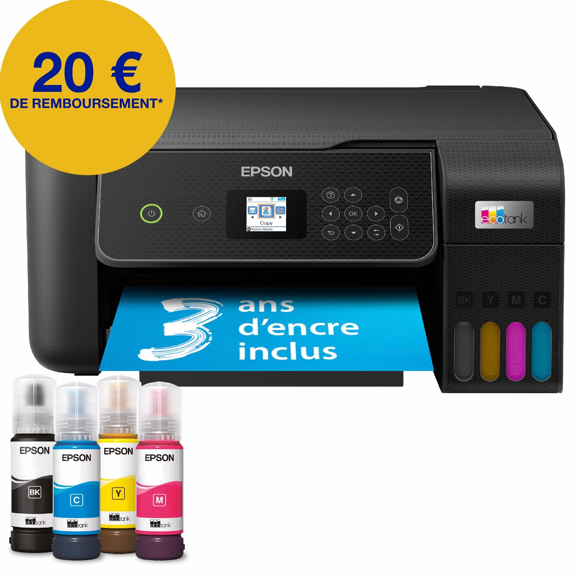 Epson EcoTank ET-2870 Imprimante Réservoirs Encre A4 Wi-Fi Imprimer Copier Numériser Écran LCD 3,7cm 3 Ans Encre Inclus