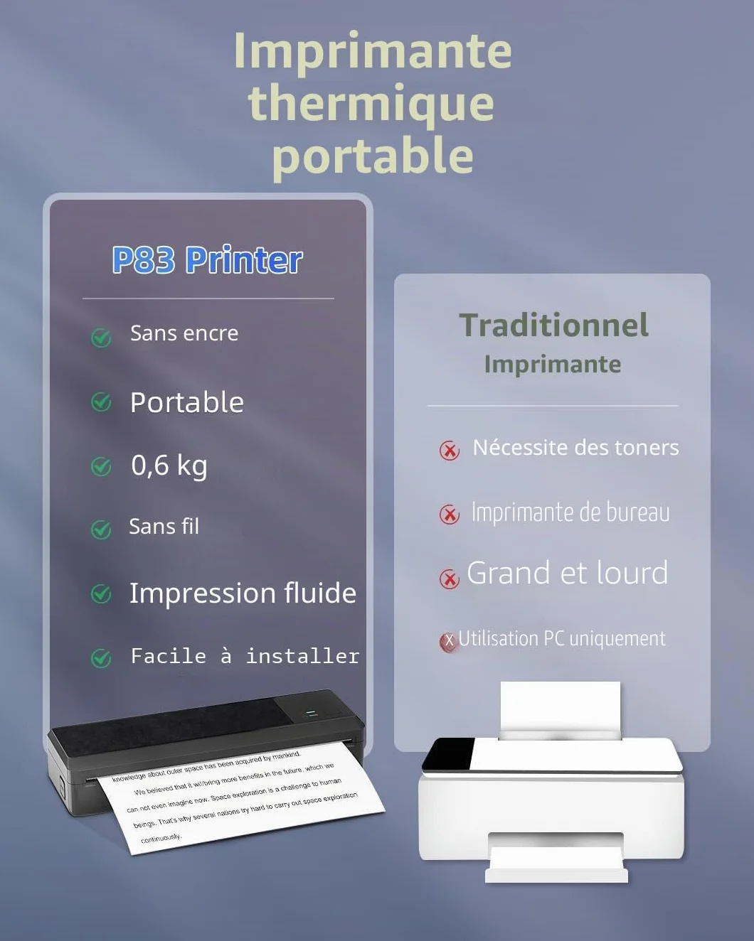 Imprimante Thermique A4 P83 Portable sans Encre Bluetooth Compatible Android iOS