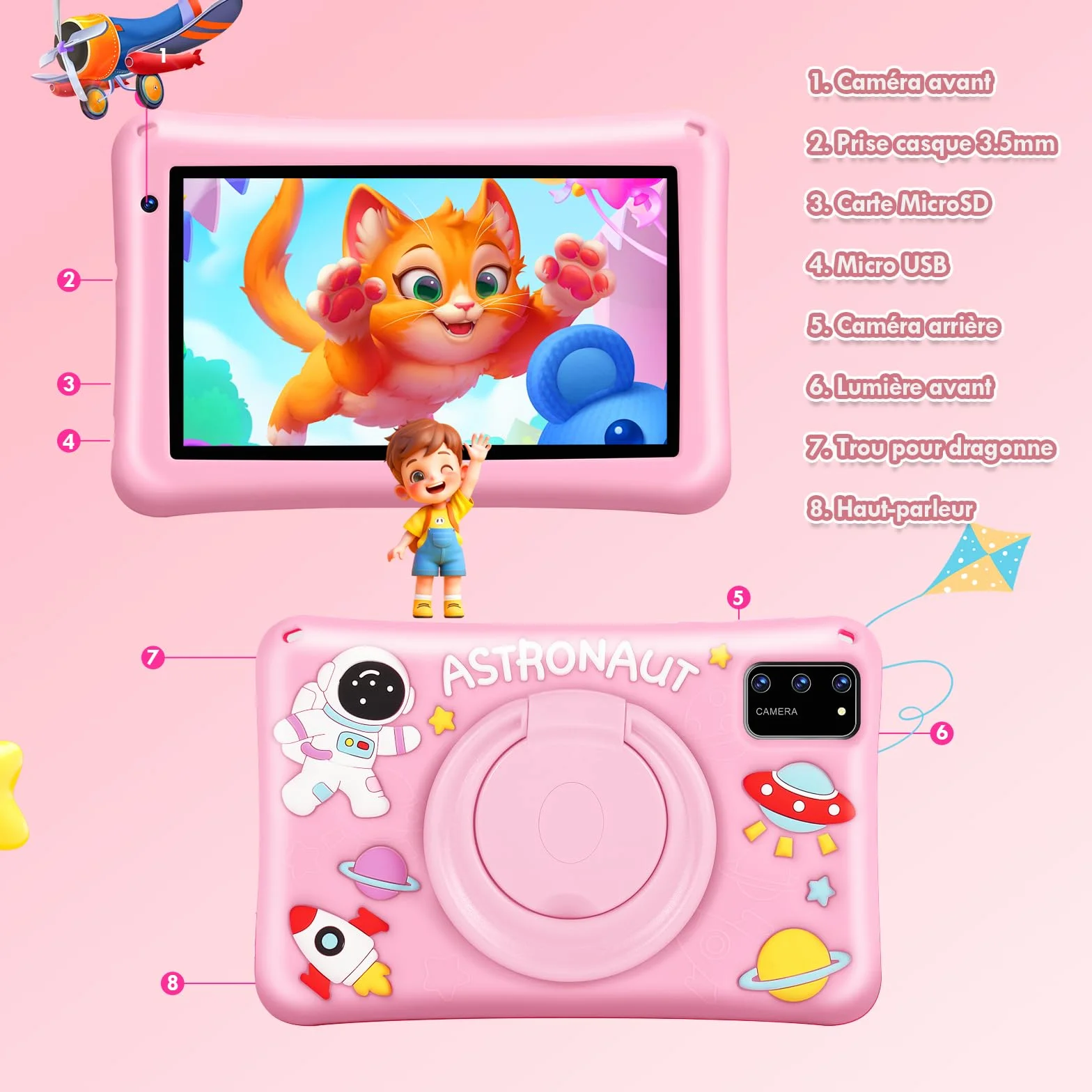 Tablette Enfant 7 Pouces Android 13 8Go RAM 64Go ROM Octa-Core 5800mAh Certifié Google Rose