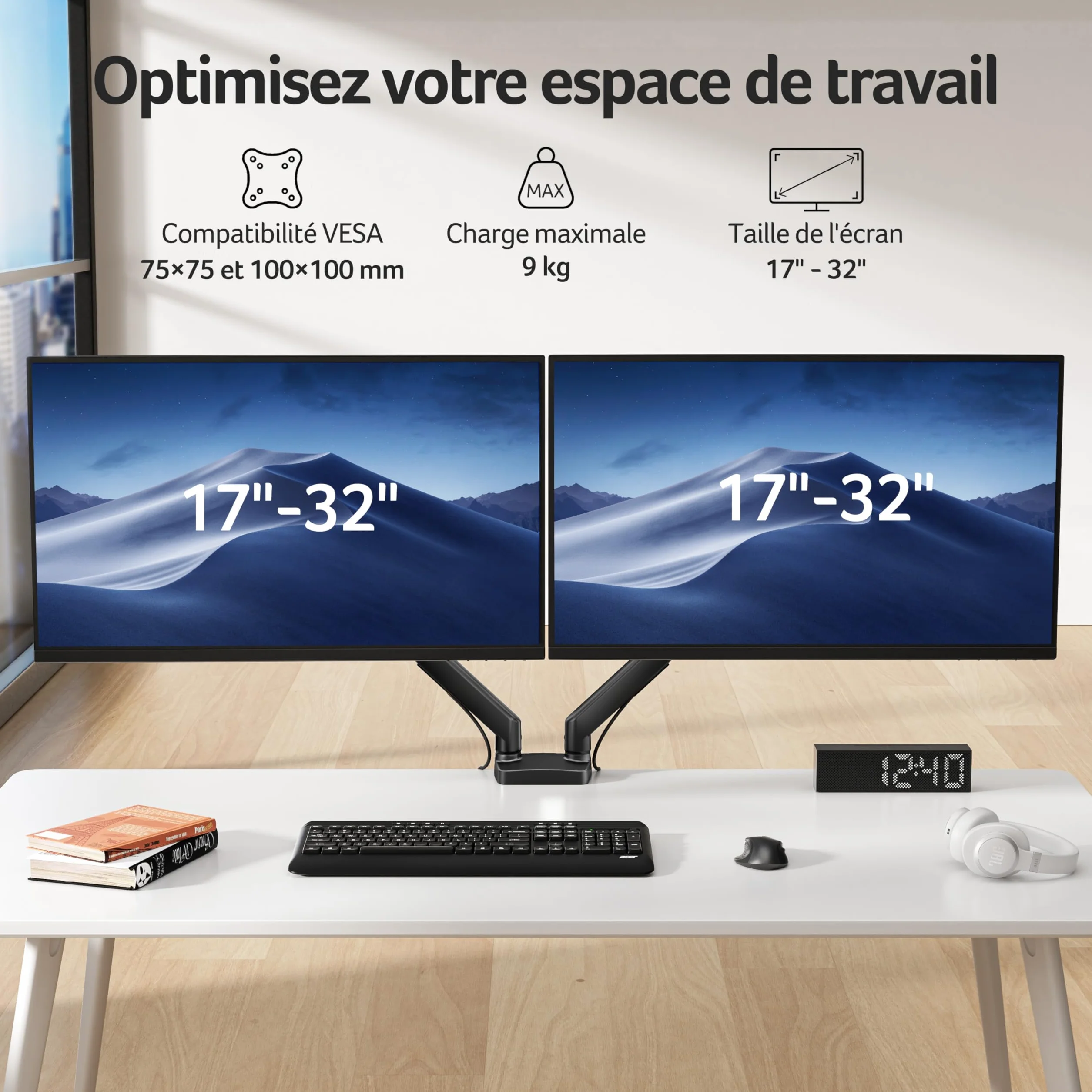 Acer Bras Écran PC Double Ecran 17-32 Pouces VESA 75/100mm Capacité 2-9kg Réglable Hauteur Incline Pivote Tourne Articulé Ressort Gaz
