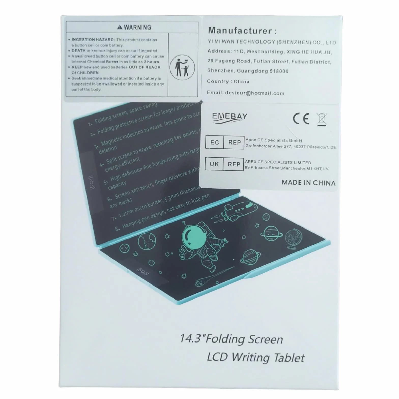 EMEBAY Tablette d'écriture LCD 14.3" Pliant Ultra Mince Bloc-Notes numérique effaçable