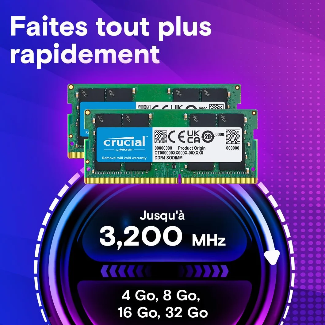 Crucial RAM DDR4 32Go Kit (2x16Go) 3200MHz SODIMM CL22 Mémoire Portable