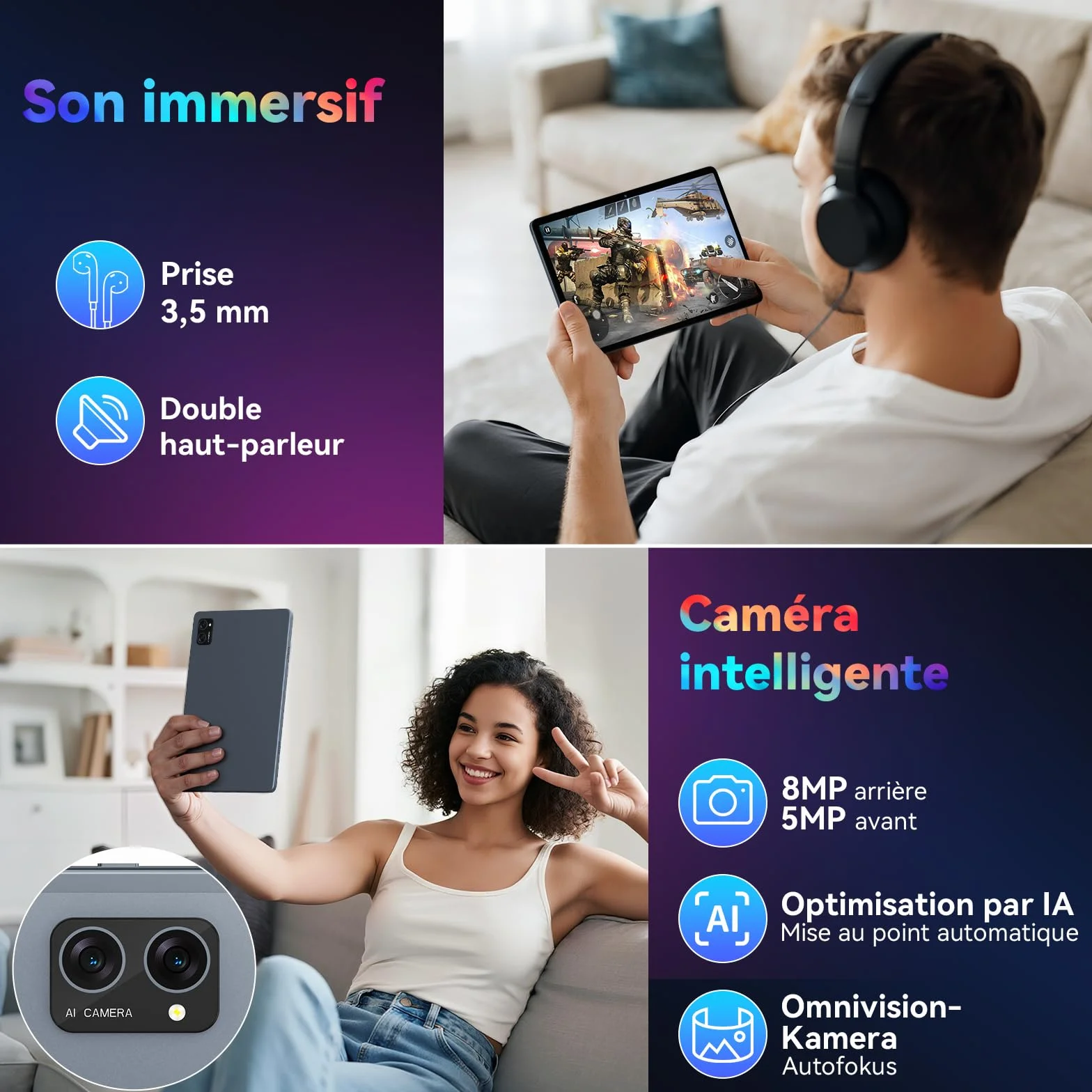 Tablette Android 16 10 pouces 8GB RAM 256GB ROM avec stylet clavier souris Gemini AI Widevine L1 Garantie 5 ans