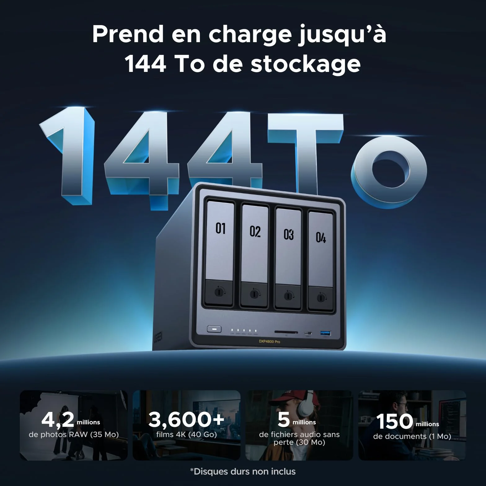 UGREEN NASync DXP4800 Pro NAS de Bureau 4 Baies, Processeur Intel i3-1315U, 8 Go RAM DDR5, SSD 128 Go, 10 GbE