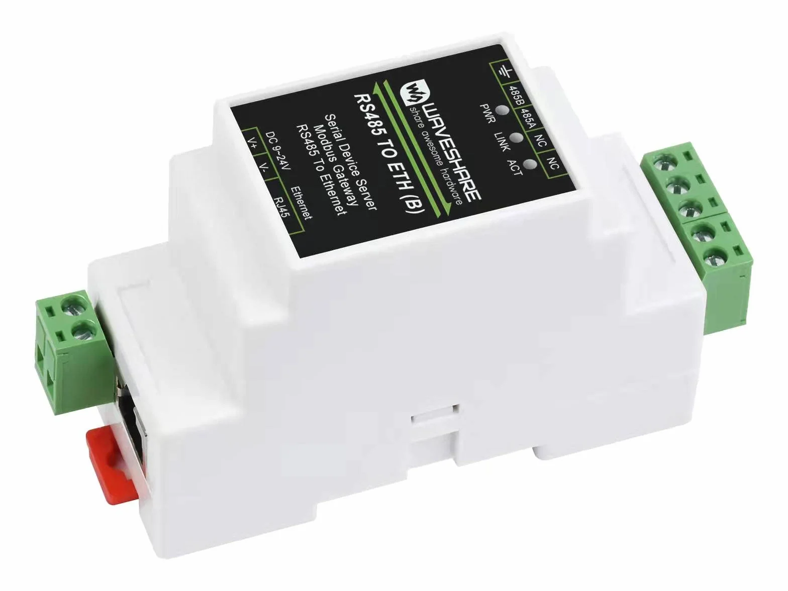Waveshare RS485 to RJ45 Ethernet Converter Module, Industrial Rail-Mount RS485 Serial Server, TCP/IP to Serial, 300-115200 Baud, 10/100M Auto-Negotiation