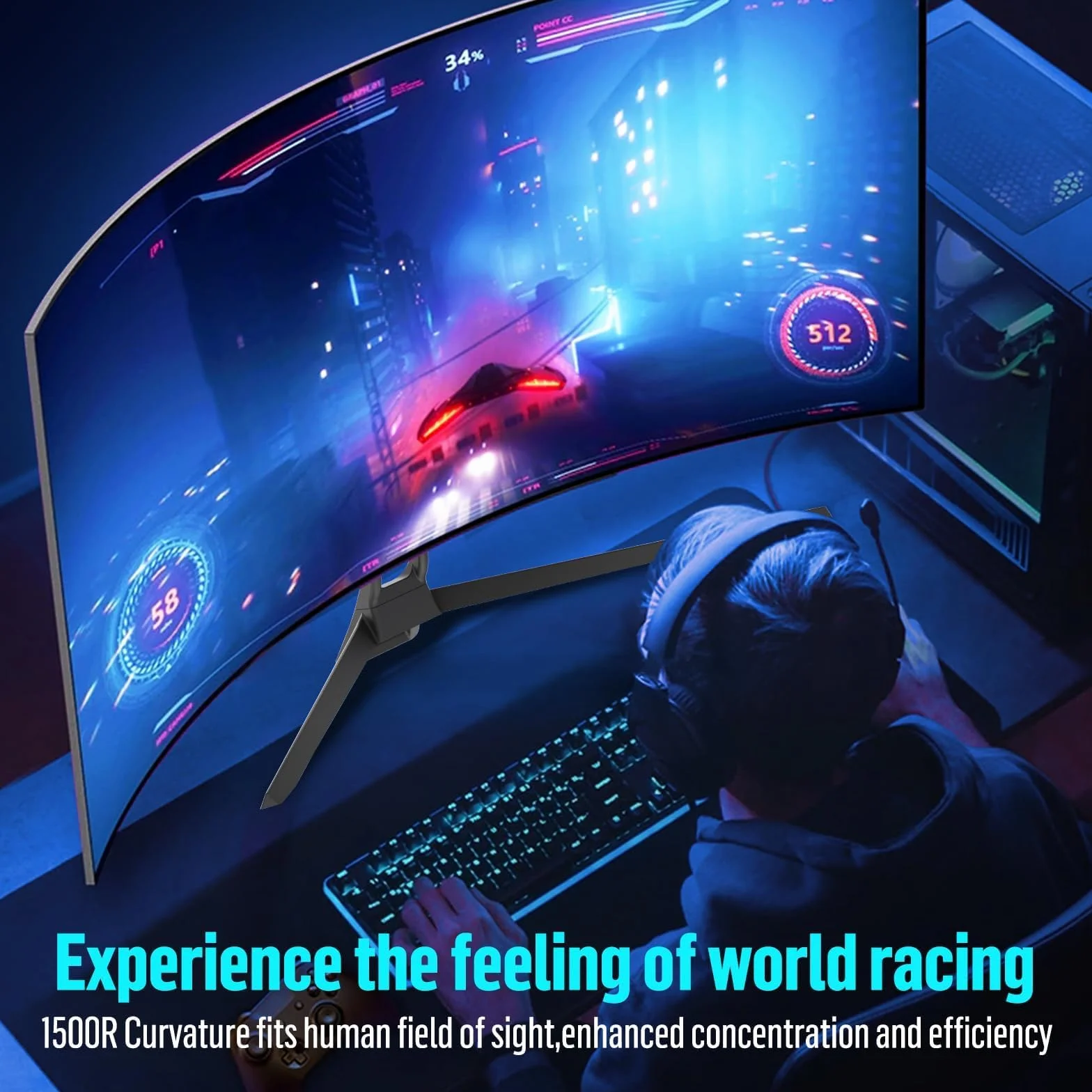 Gawfolk Écran PC Incurvé 34 Pouces Moniteur Gaming 1500R 165Hz UWQHD 2K 3440x1440 128% sRGB 1ms MPRT HDMI DP