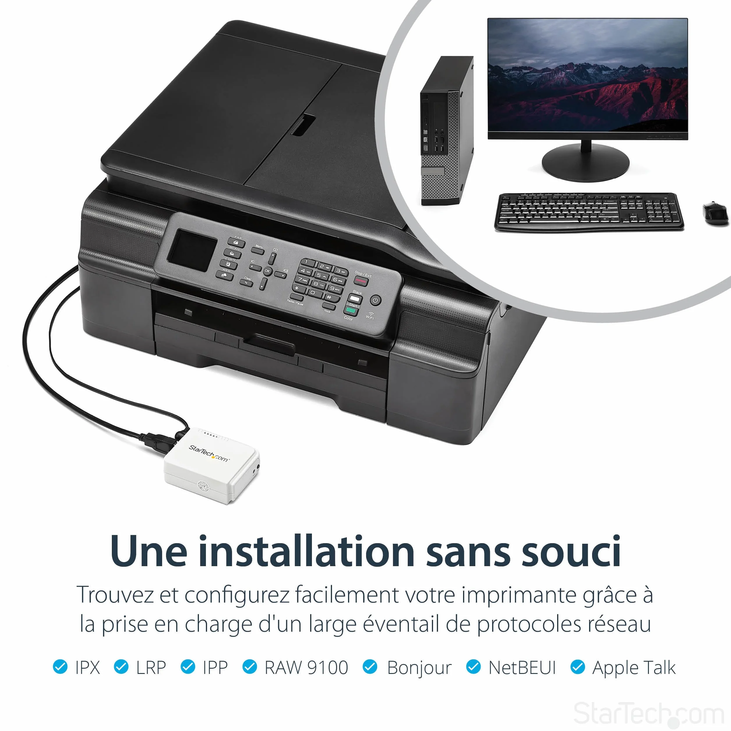 StarTech.com Serveur d'impression USB 2.0 sans fil N Ethernet 10/100 802.11 b/g/n 150 Mb/s Blanc PM1115UWEU