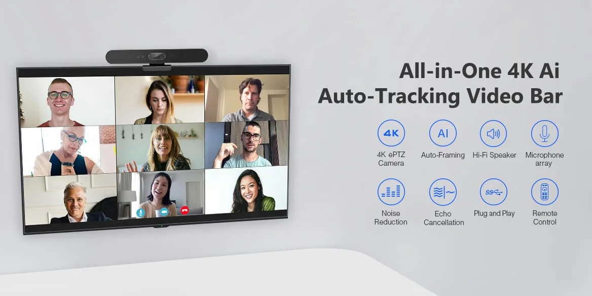 EagleBar Pro2 Caméra de visioconférence 4K ePTZ AI Face Tracking Haut-Parleur Microphone conférence télécommande Compatible Zoom MS Teams OBS