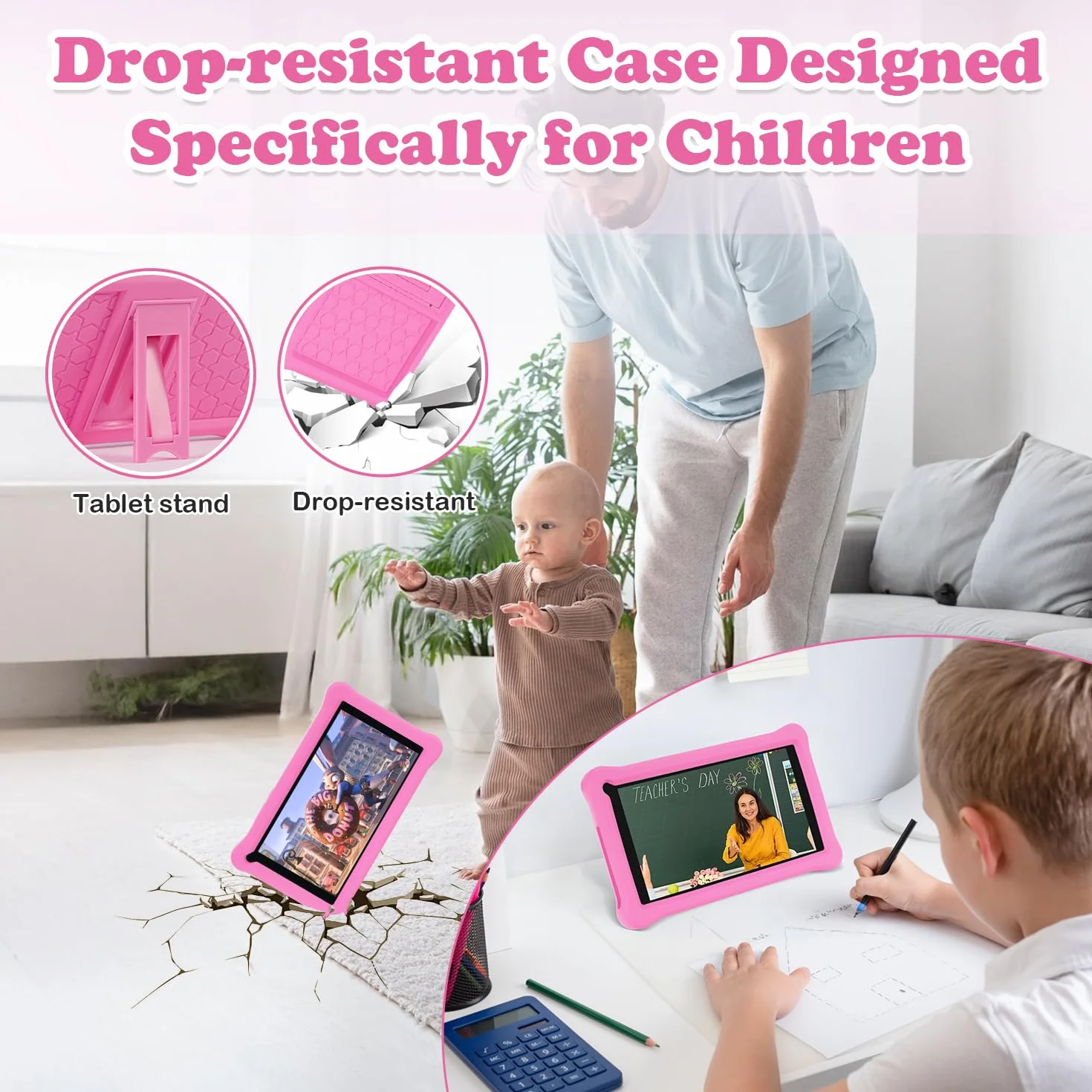 Tablette Enfants 7 Pouces Android Éducative 8Go RAM 64Go ROM TF 256Go Contrôle Parental Bluetooth WiFi Étui Antichoc EVA Rosa