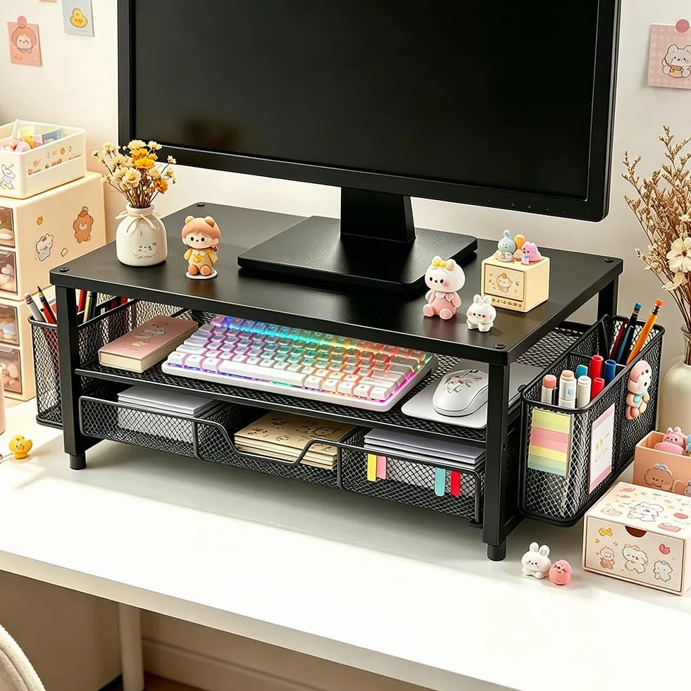 Support Écran de Bureau avec Tiroir et Double Porte-Stylos, Rehausseur Ergonomique pour Moniteur et Ordinateur Portable