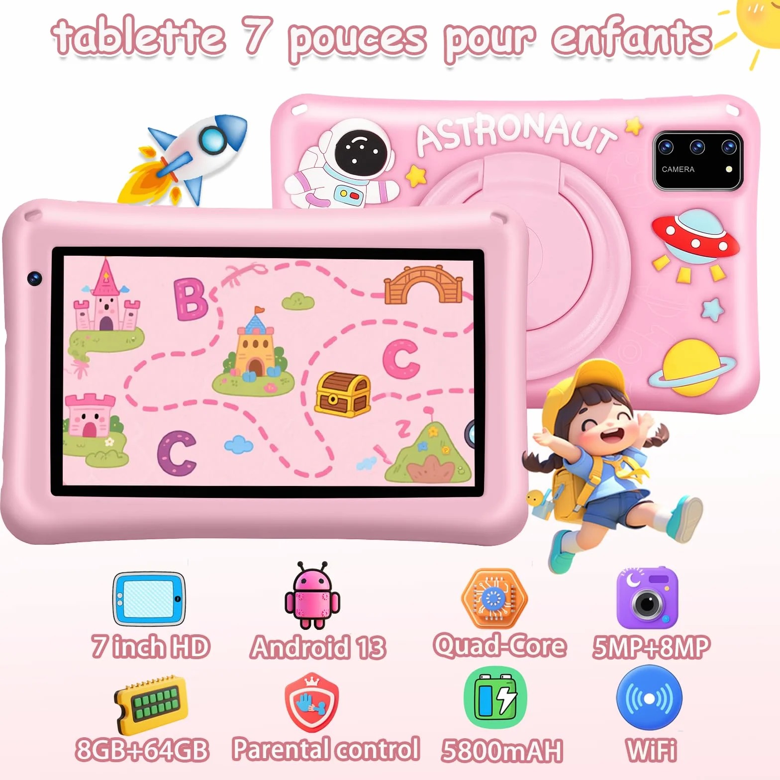 Tablette Enfant 7 Pouces Android 13 8Go RAM 64Go ROM Octa-Core 5800mAh Certifié Google Rose