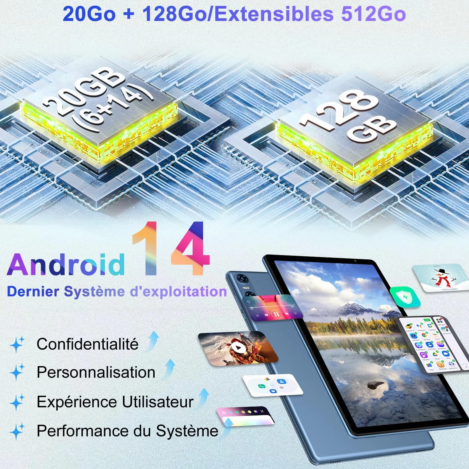 Tablette 10 Pouces Android 20Go RAM 128Go ROM Octa-Core 5G WiFi 6 Widevine L1 GMS GPS BT 5.0 6000mAh - Bleu