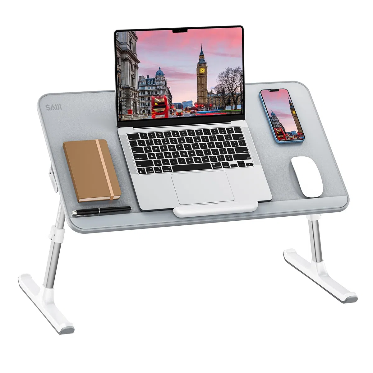 SAIJI Table de Lit Pliable Réglable Hauteur Angle Max 17'' Ordinateur Portable Gris 60x33cm