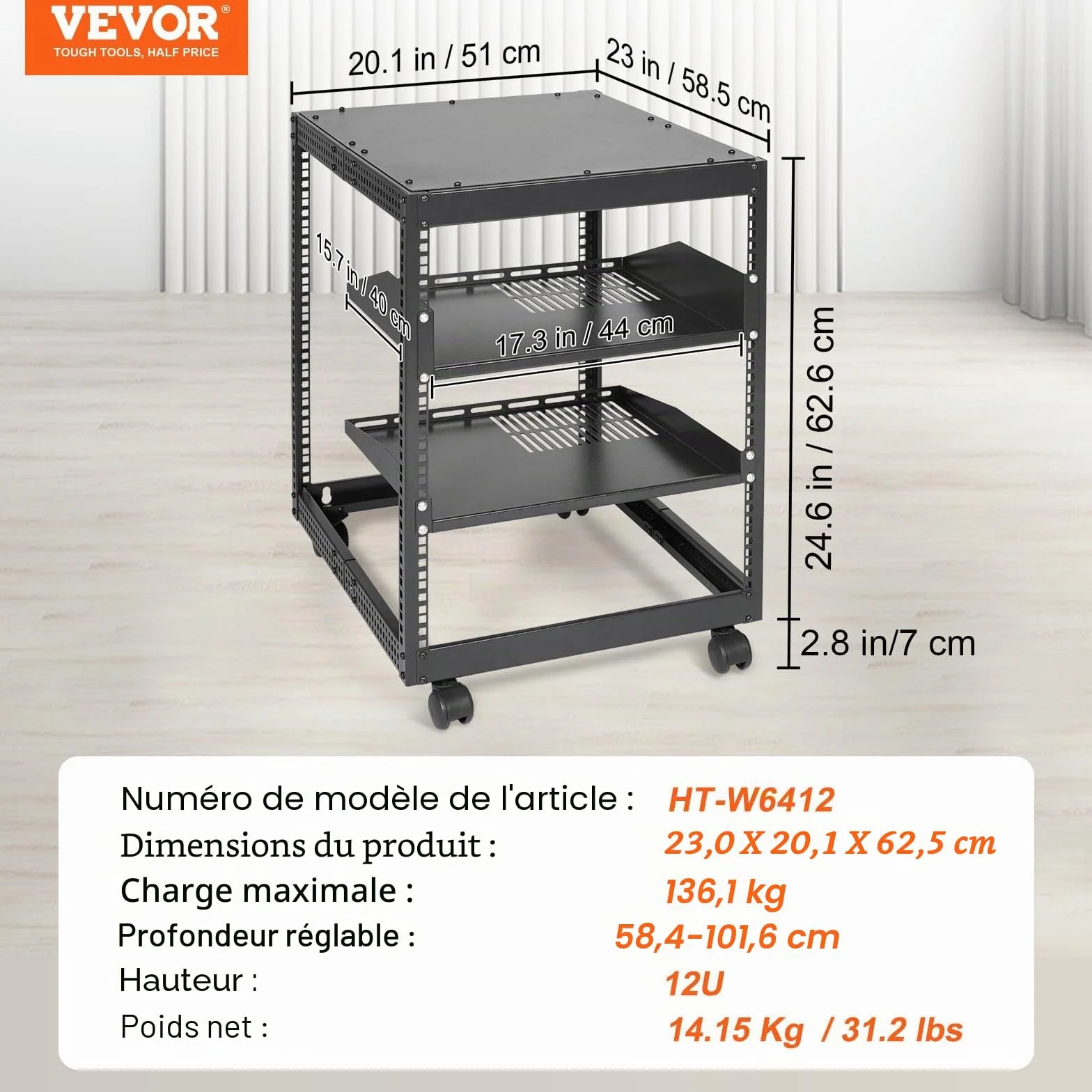 VEVOR Rack de Serveur à Cadre Ouvert 12U Support Mural Profondeur Réglable 58,5-101,6 cm 4 Montants Roulettes