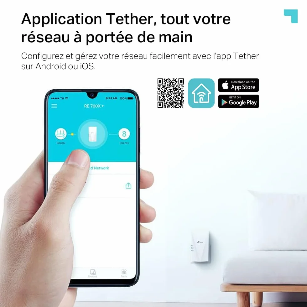 TP-Link Répéteur WiFi 6 RE700X, Amplificateur WiFi AX3000 Mbps, Port Ethernet Gigabit, 150 m²