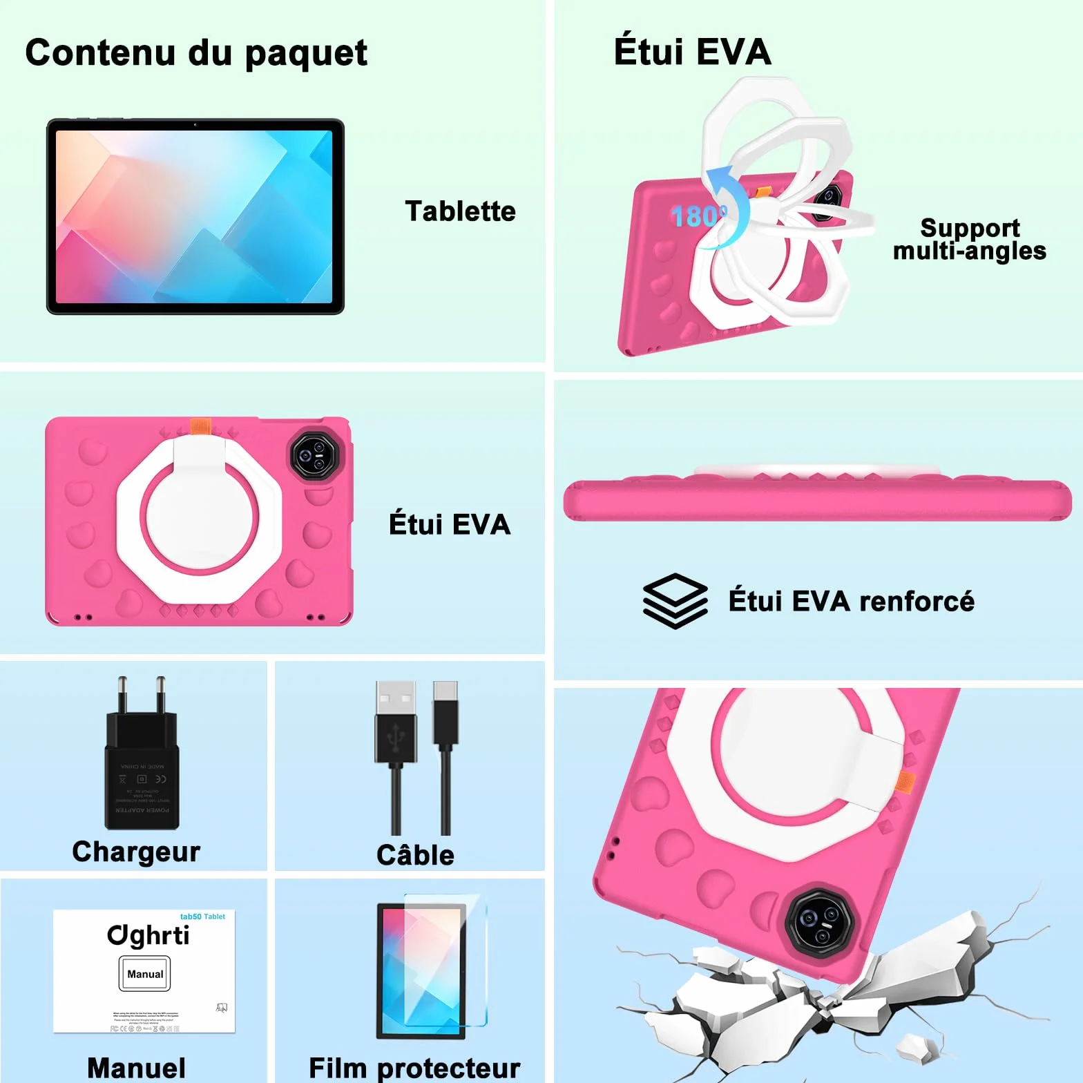 Tablette Android 15 pour enfants 11 Pouces 24Go+256Go/2To Octa-Core Gemini AI Widevine L1 8000 mAh 13MP+5MP EVA Silicone Étui Protection Boîtier Métallique Rose