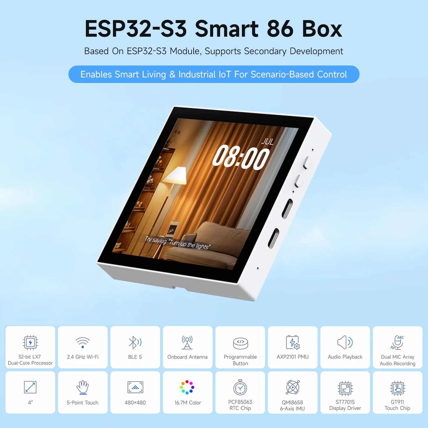 Waveshare ESP32-S3 Smart 86 Box Development Board 4inch 480x480 Touch Display 2.4GHz Wi-Fi BT BLE 5 RGB Interface