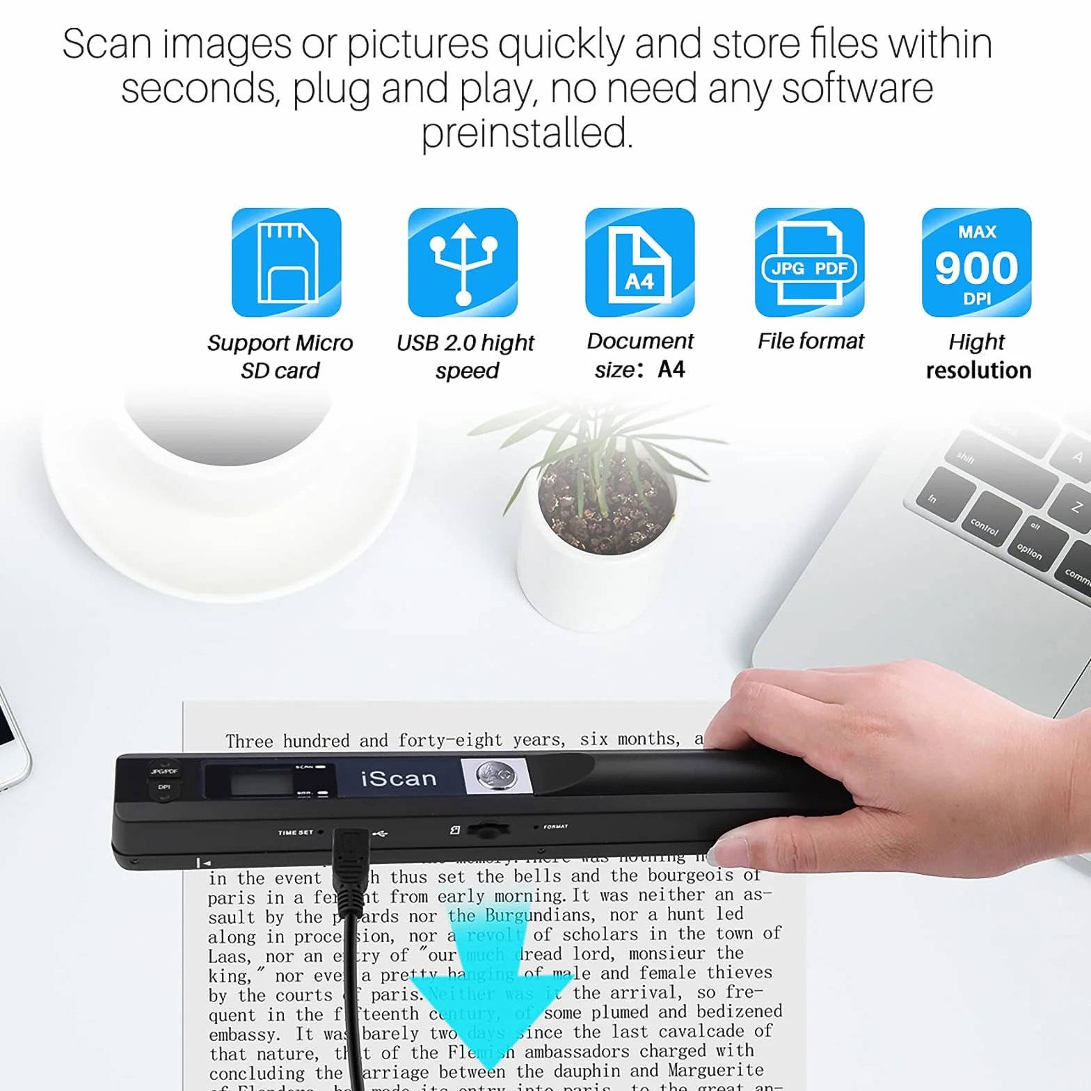 Scanner de Documents Portable USB 900DPI A4 Couleur Numérisation avec Carte 16GTF