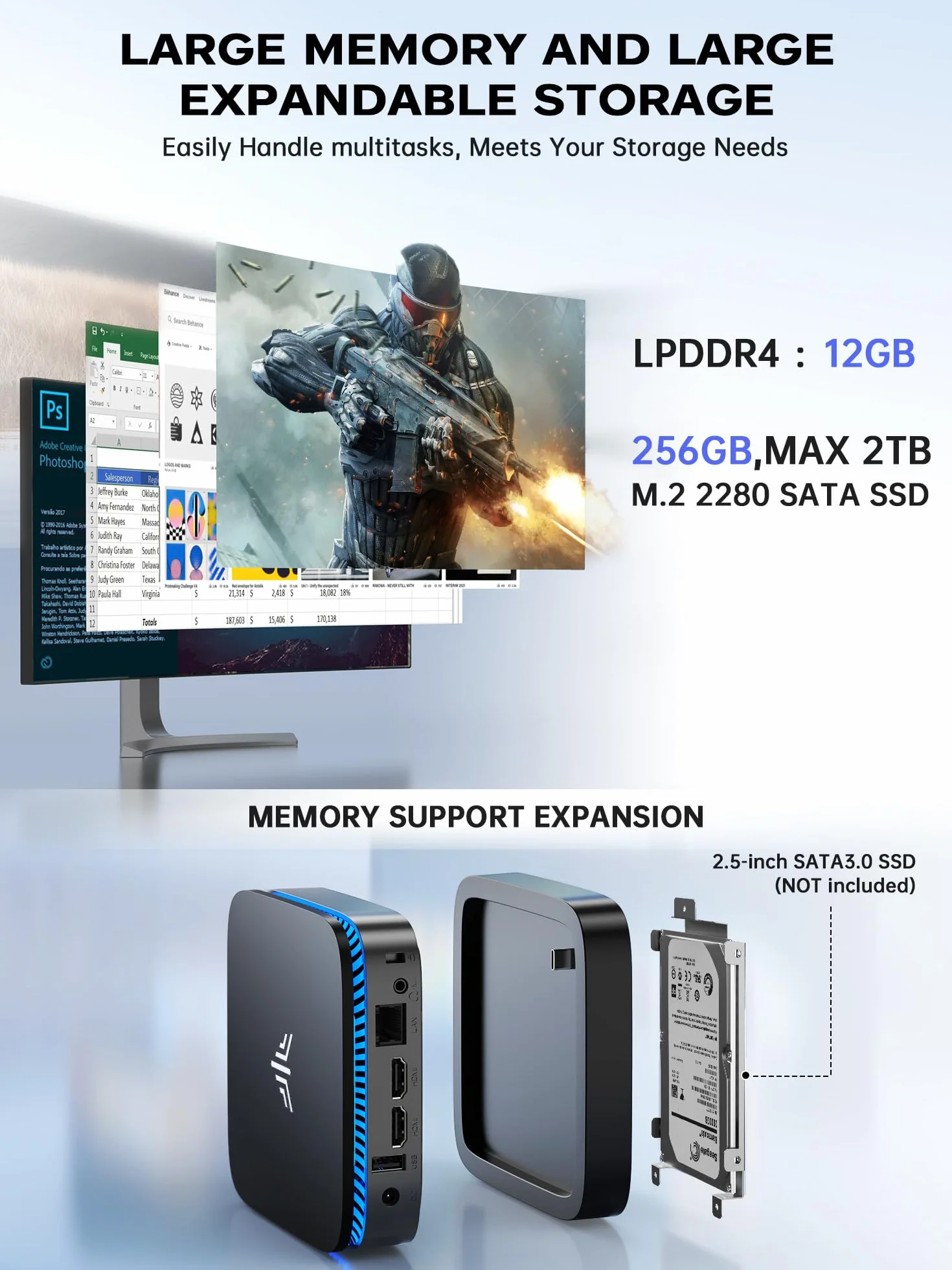 ACEMAGICIAN Mini PC Intel N5030 3,1 GHz 12 Go LPDDR4 256 Go M.2 SSD Micro Ordinateur 4K UHD HDMI WLAN Bluetooth 4.2