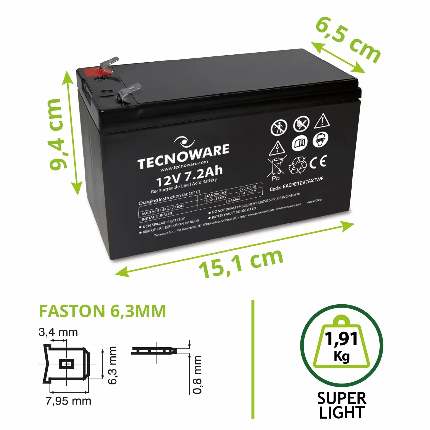 Tecnoware Batterie au plomb étanche 12 V 7,2 Ah