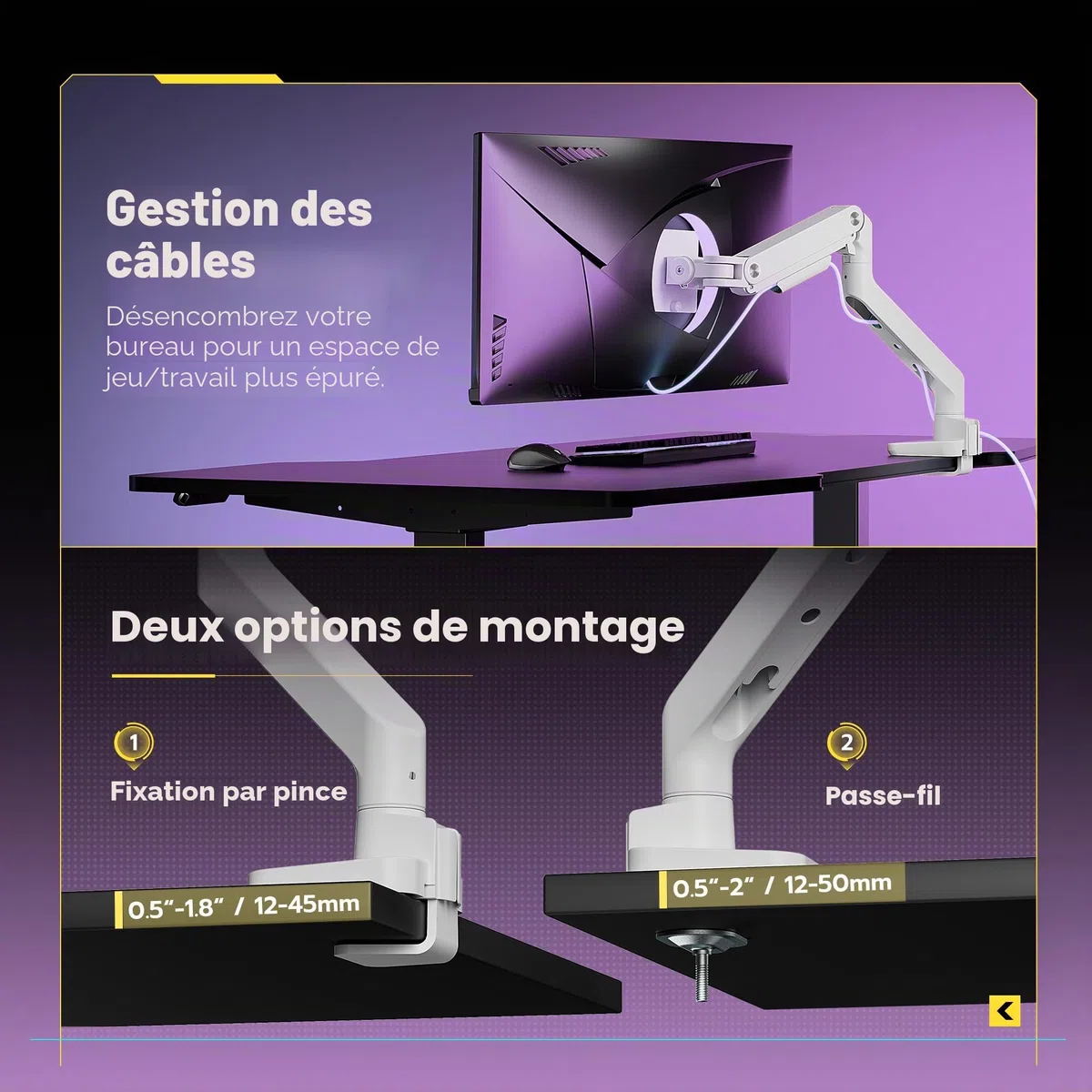 ARES WING Support d'écran pour écrans plats et incurvés de 17-49", bras de moniteur charge max. 20 kg, support de bureau avec ressort à gaz, hauteur réglable, VESA 75/100 mm, blanc