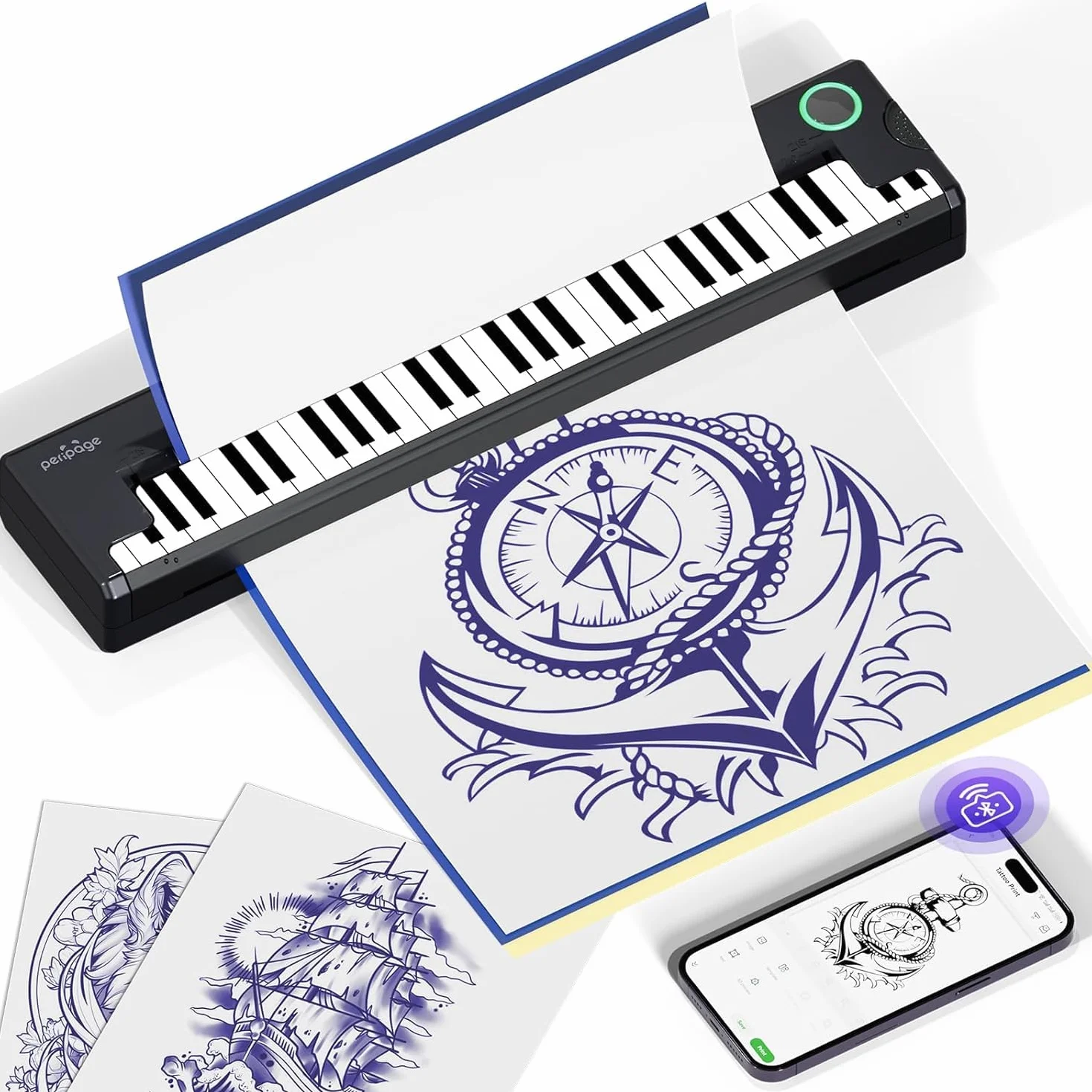 PeriPage Imprimante Tatouage Transfert pour Débutants Artistes, Thermocopieur Compatible Phone PC Bluetooth avec 5 Papiers Transfert