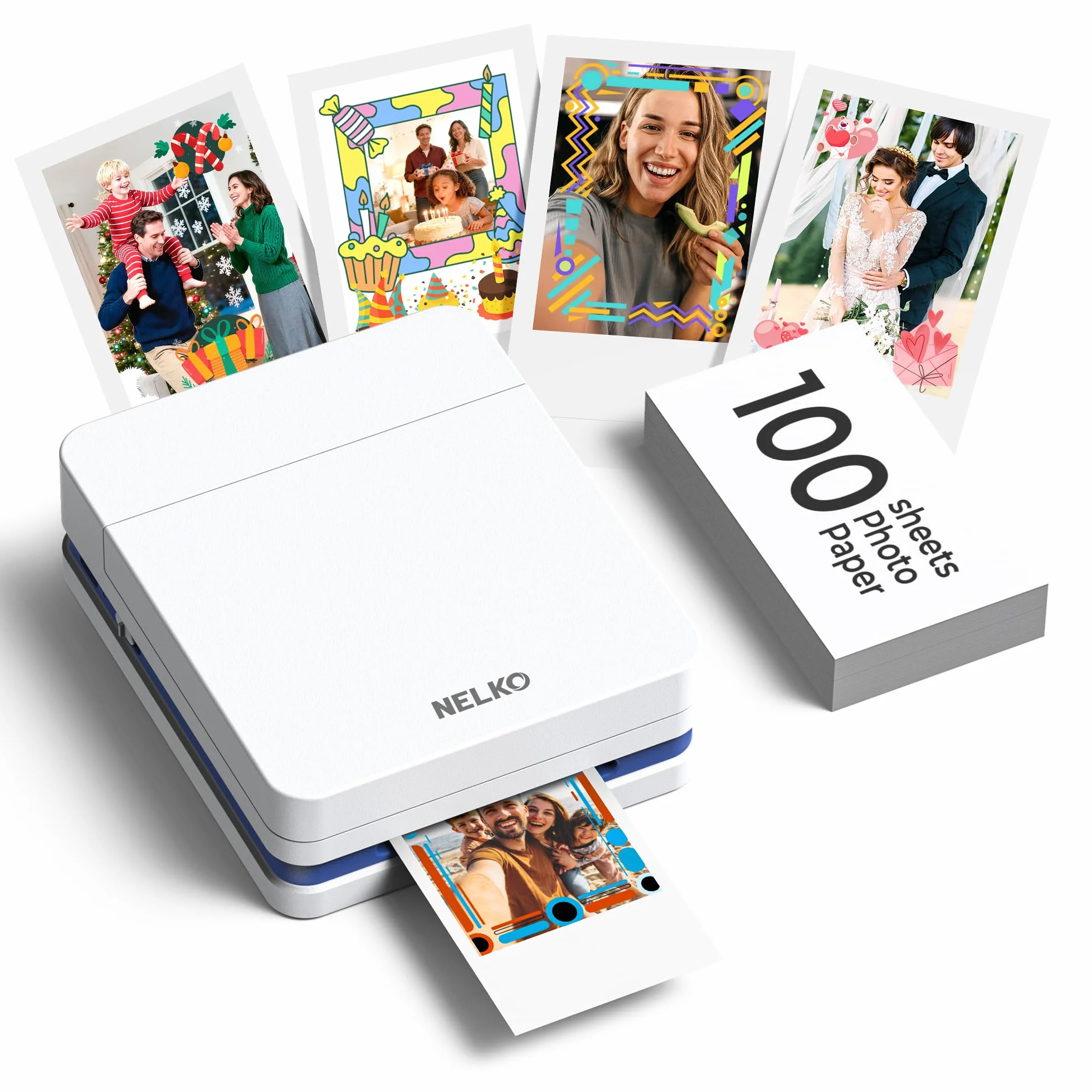 Nelko PP01 Imprimante photo portable avec 100 feuilles de papier, cartouche d'encre, impression adhésive pour iOS/Android, mini imprimante de poche