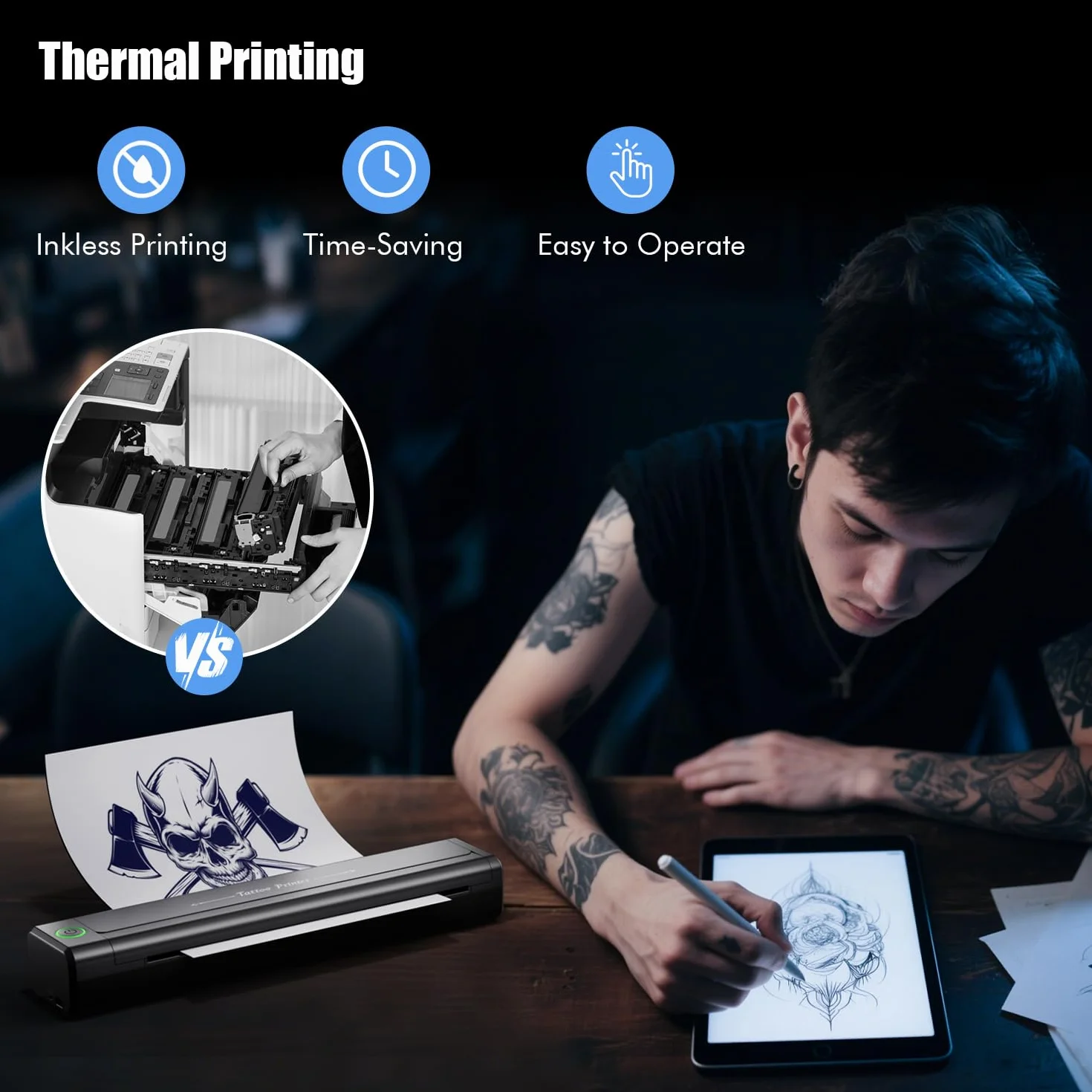 TATELF Machine à Stencil Tatouage sans Fil Bluetooth avec 10 Papiers Transfert pour Artistes Débutants H1