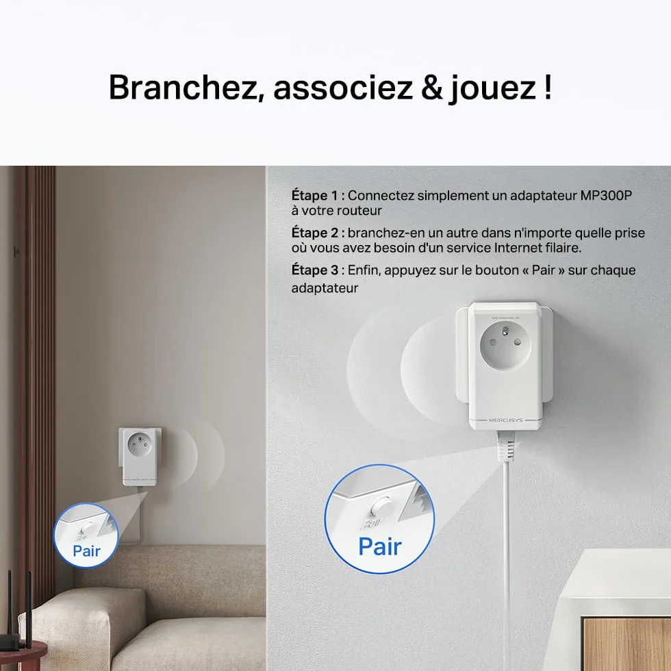 Mercusys MP300P KIT CPL 600Mbps 1 Port Prise Intégrée Type F Boitier CPL Kit de 2