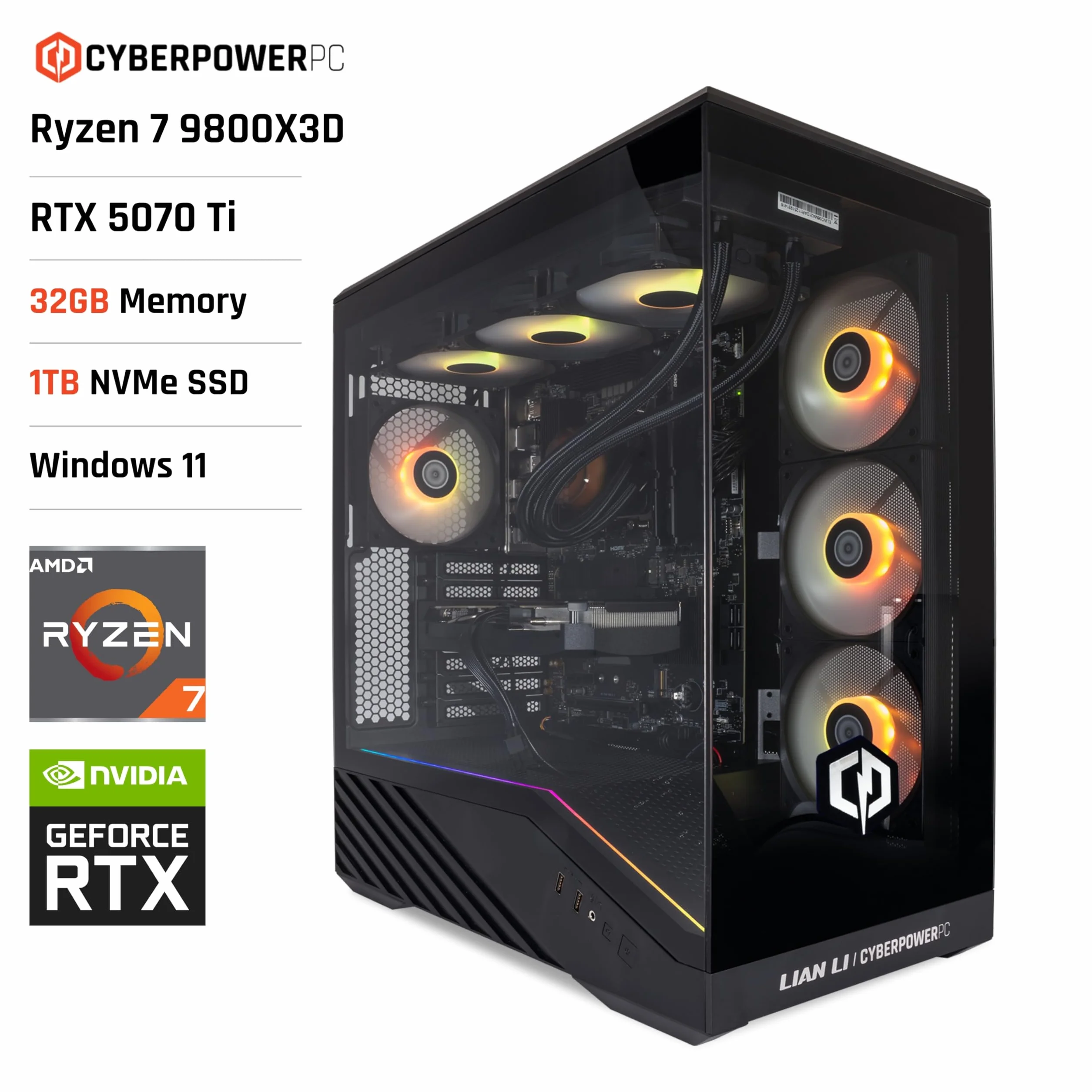 CyberpowerPC Luxe Gaming PC AMD Ryzen 7 9800X3D RTX 5070 Ti 32GB RAM 1TB NVMe SSD 750W PSU Windows 11 Liquid Cooling