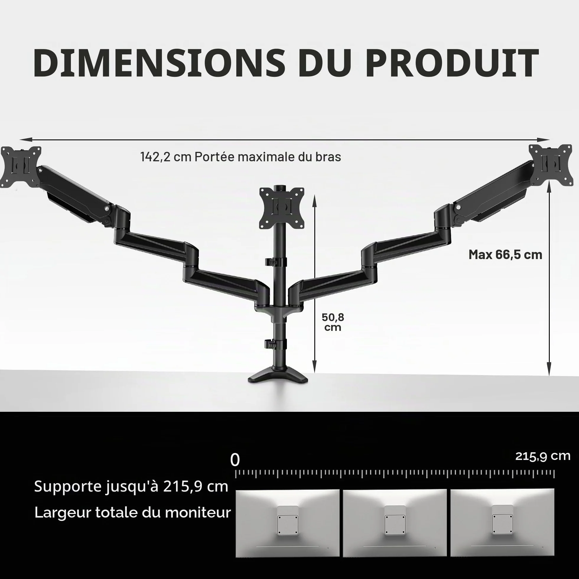 HUANUO Support d'écran PC 3 écrans 17-32 Pouces Inclinaison Pivot Montage Chaque Bras 8 kg Gaming