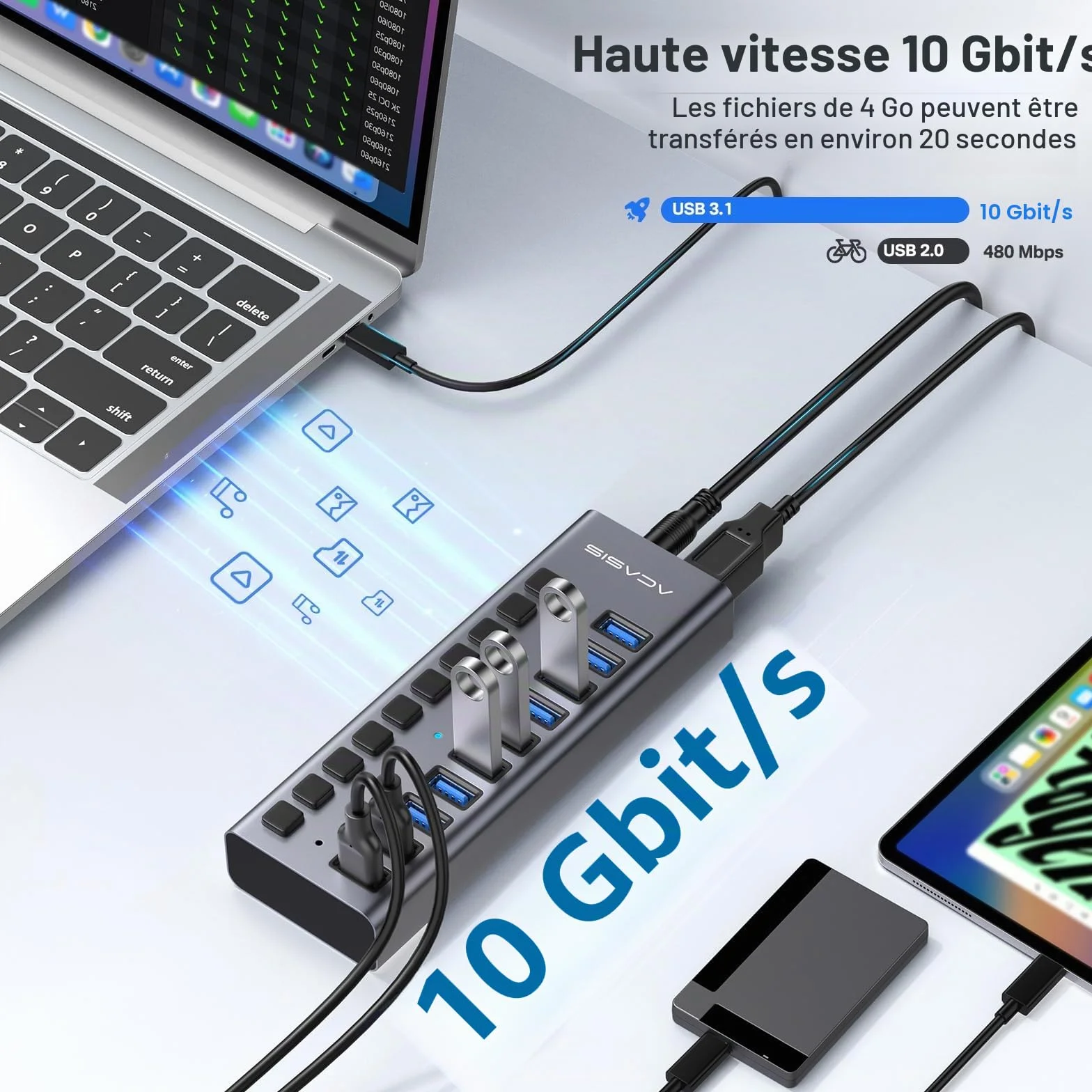 ACASIS Hub USB 3.2 10 Ports, 10Gbps avec Interrupteurs Individuels, 48W Alimentation
